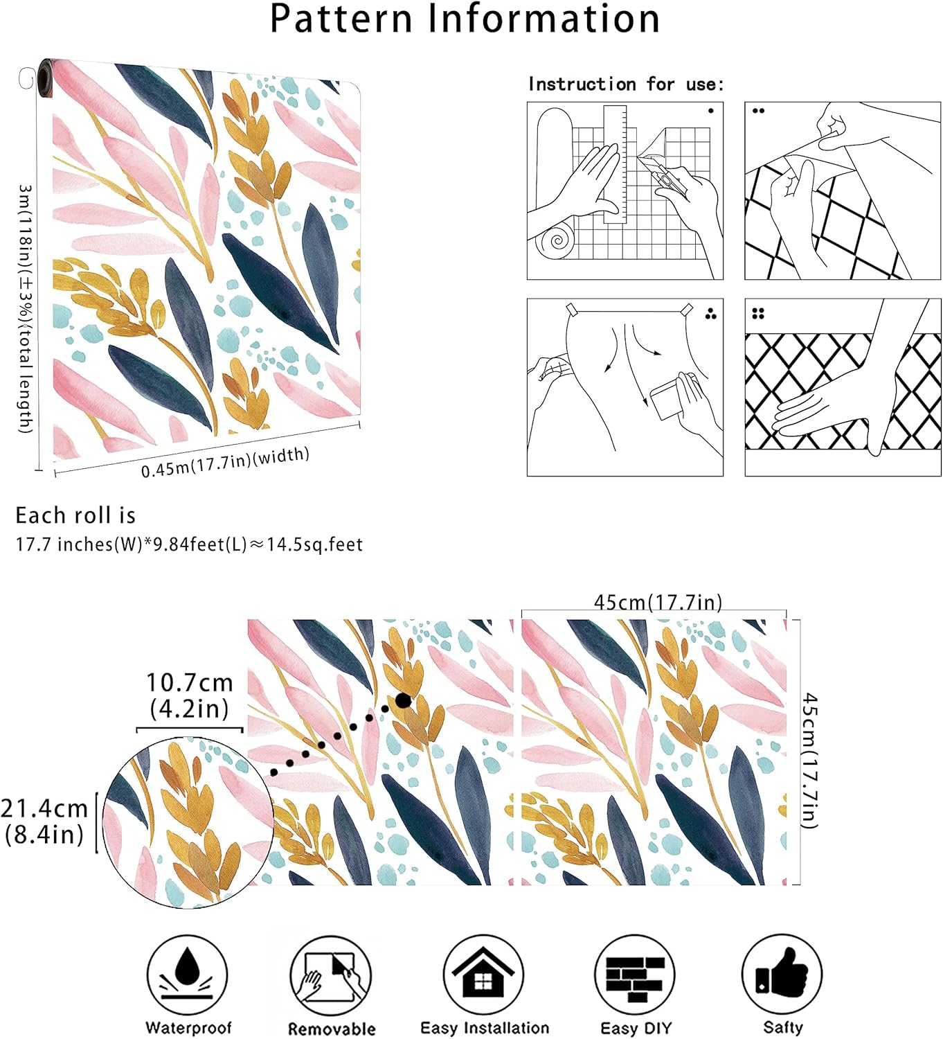 HAOKHOME Watercolor Forest Peel and Stick Wallpaper Removable White/Pink/Navy/Yellow Floral Vinyl Self Adhesive Shelf Liner 17.7in x 9.8ft