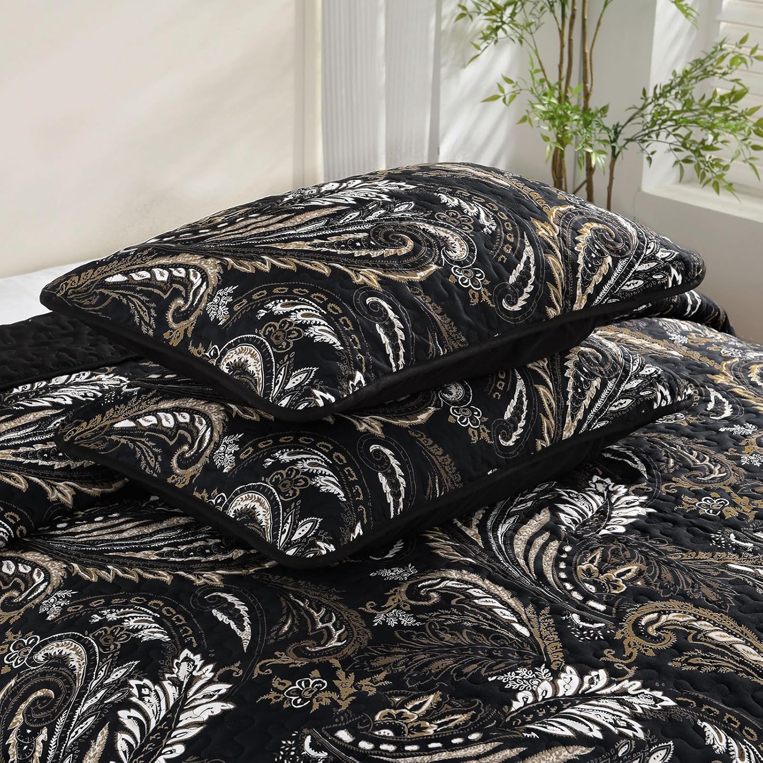WONGS BEDDING Boho Quilt Set King,Black Paisley Floral Pattern Bedspread Coverlet Set with 2 Pillowcases,3 Piece Lightweight Microfiber Bohemian Quilt Bedding Set 104"×90" - Image 5