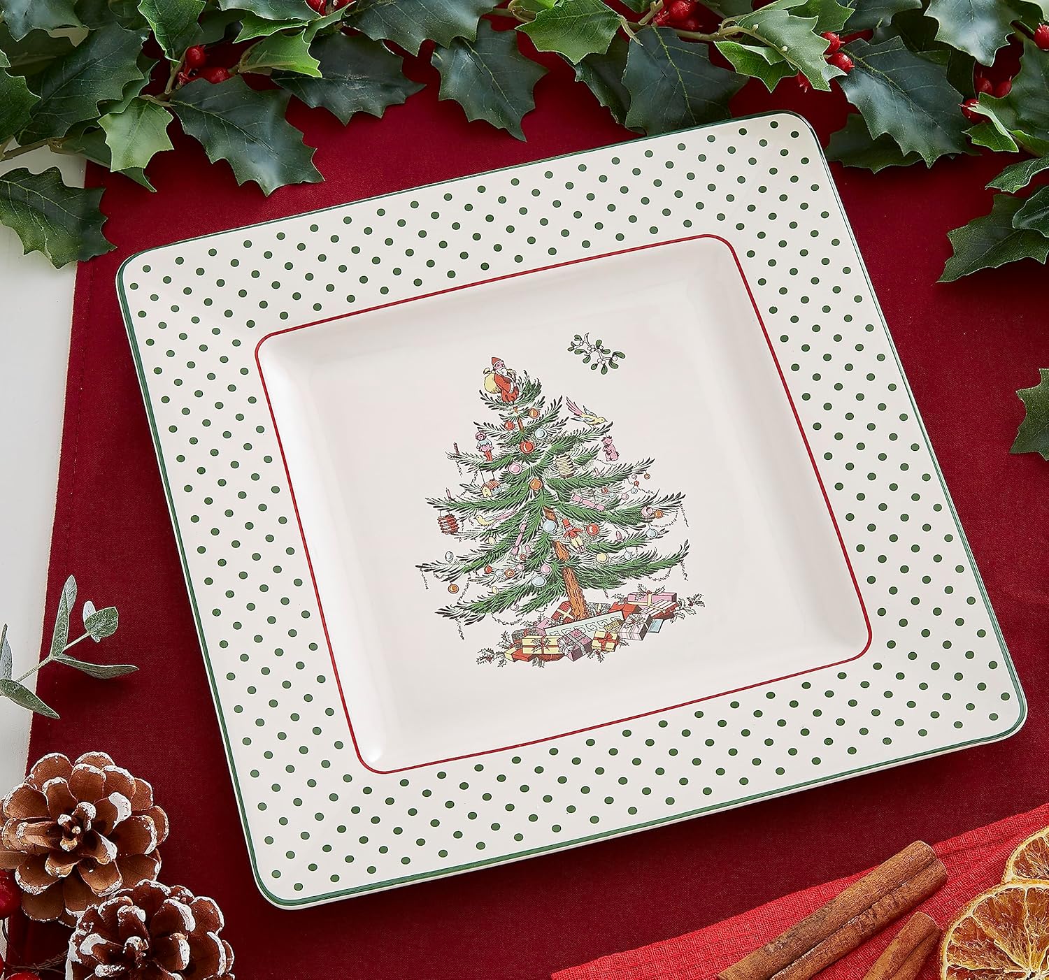 Spode Christmas Tree Polka Dot Square Platter - 10" Porcelain Holiday Serving Tray for Entertaining - Dishwasher & Microwave Safe - Christmas Dessert Tray for Serving Festive Dishes - Image 4