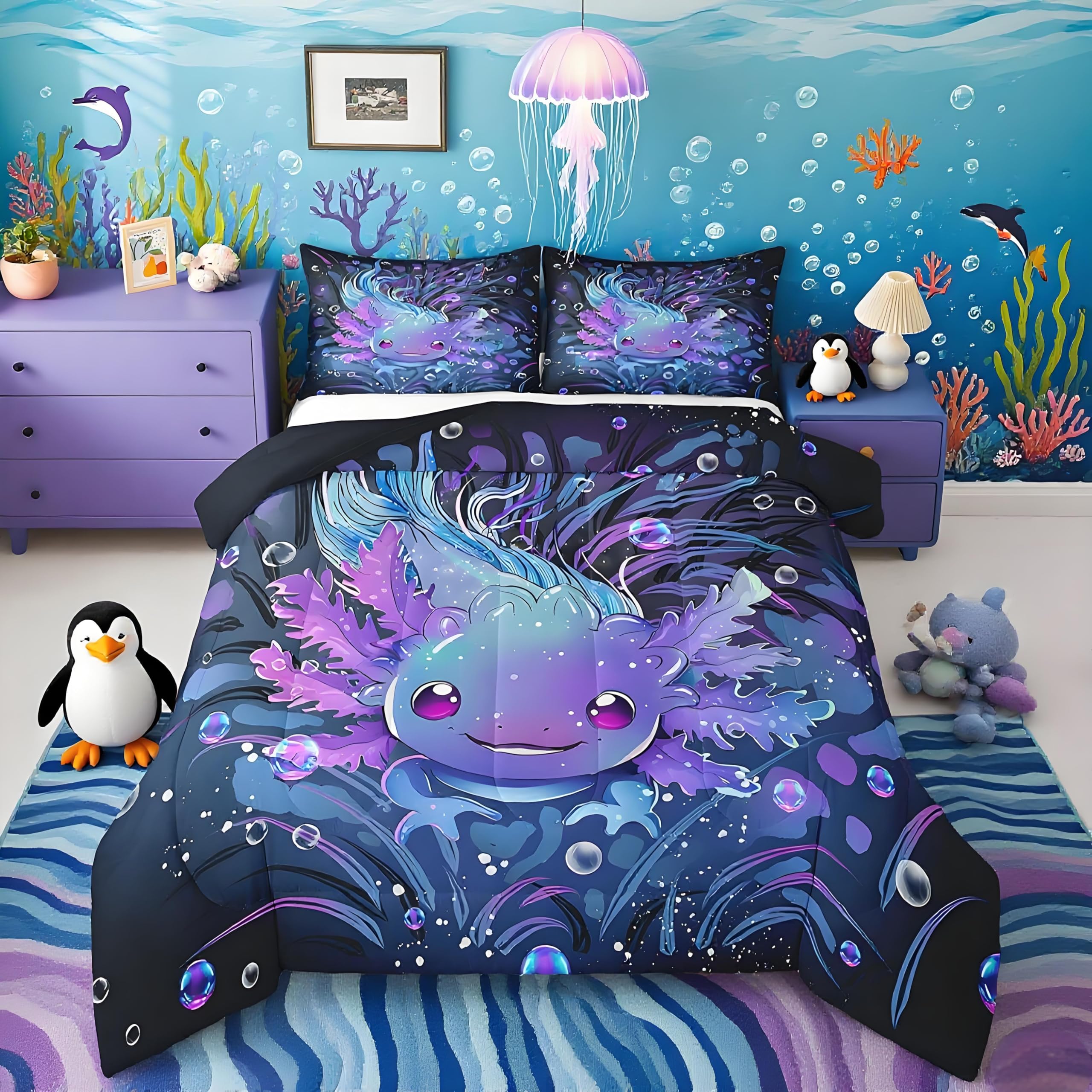 Feelyou Cute Axolotl Bedding Set Boys Girls Twin Size Salamander Comforter Set for Kids Women Men Ultra Soft Reptile Animal Comforter Ocean Sealife