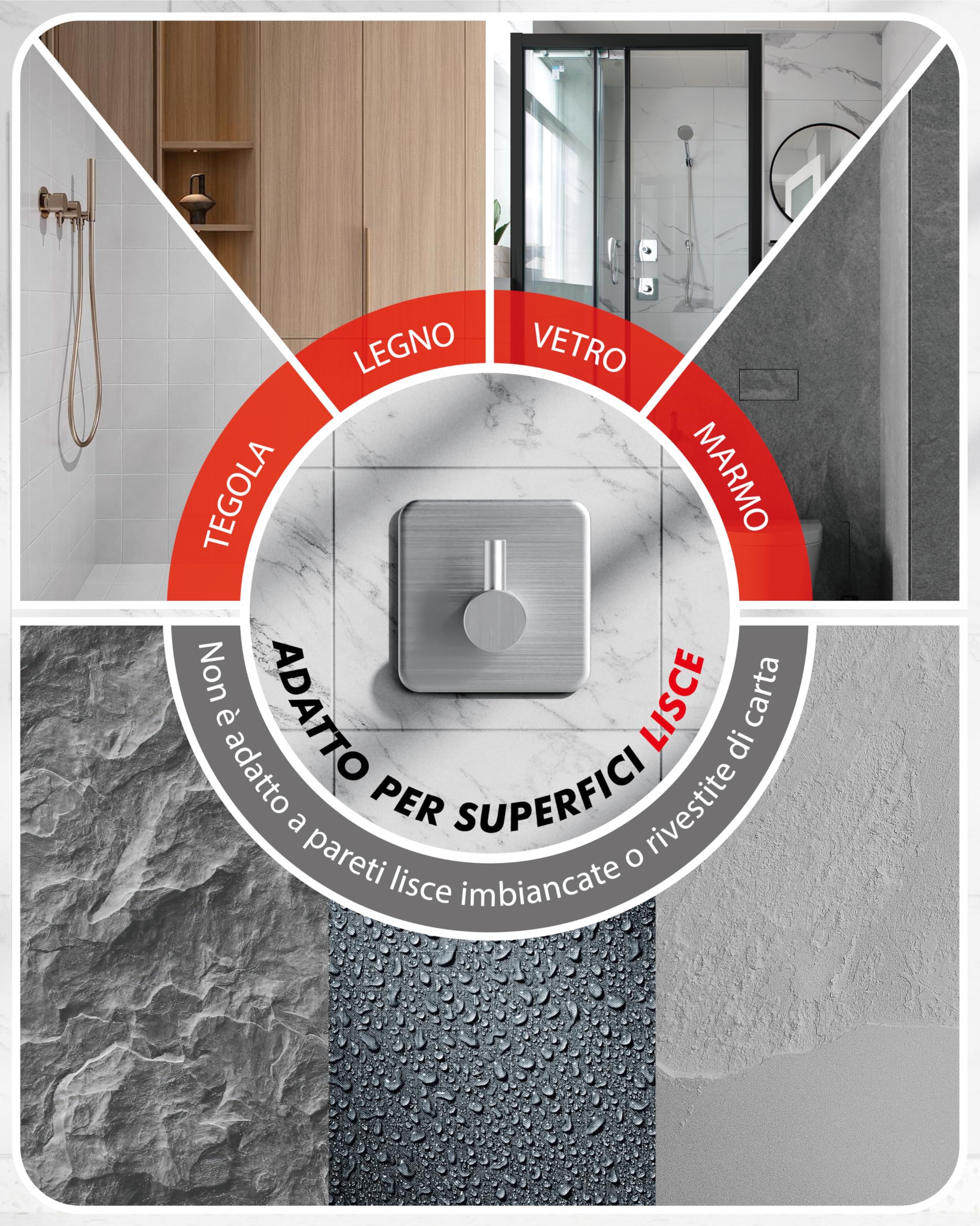 Auxmir Ganci Adesivi-6 pz Appendi Accappatoio Bagno in Acciaio Inox, Forte, Impermeabile, Antiruggine, Autoadesivo, Rimovibile senza Tracce, Salvaspazio, Porta Asciugamani Bagno Cucina Ufficio Argento