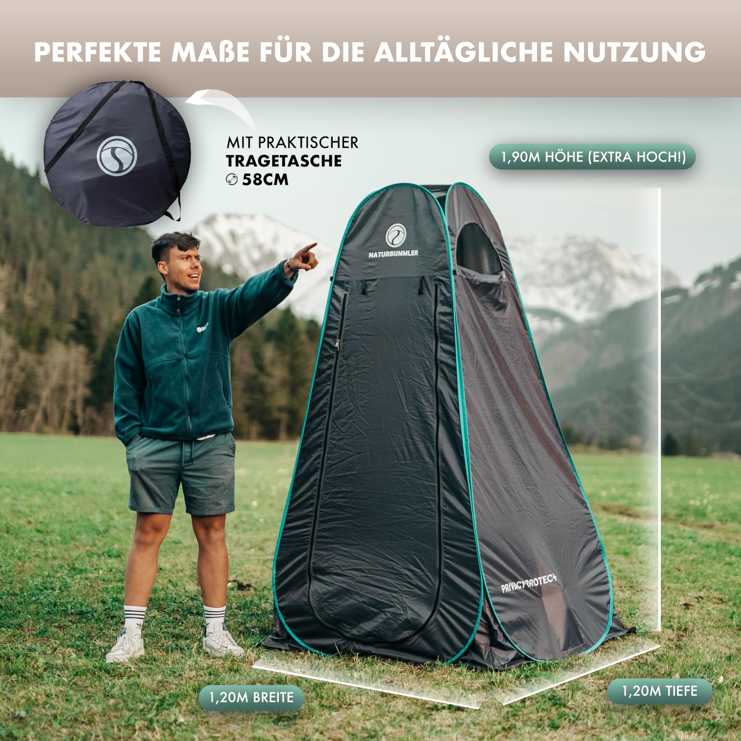 NATURBUMMLER Duschzelt Pop-Up [Privacy Protec+] wasserdicht & Blickdicht mit 5 Taschen & Boden (1,9  m Stehhöhe) – mobiles Toilettenzelt Umkleidezelt Sichtschutz für Camping Strand Outdoor