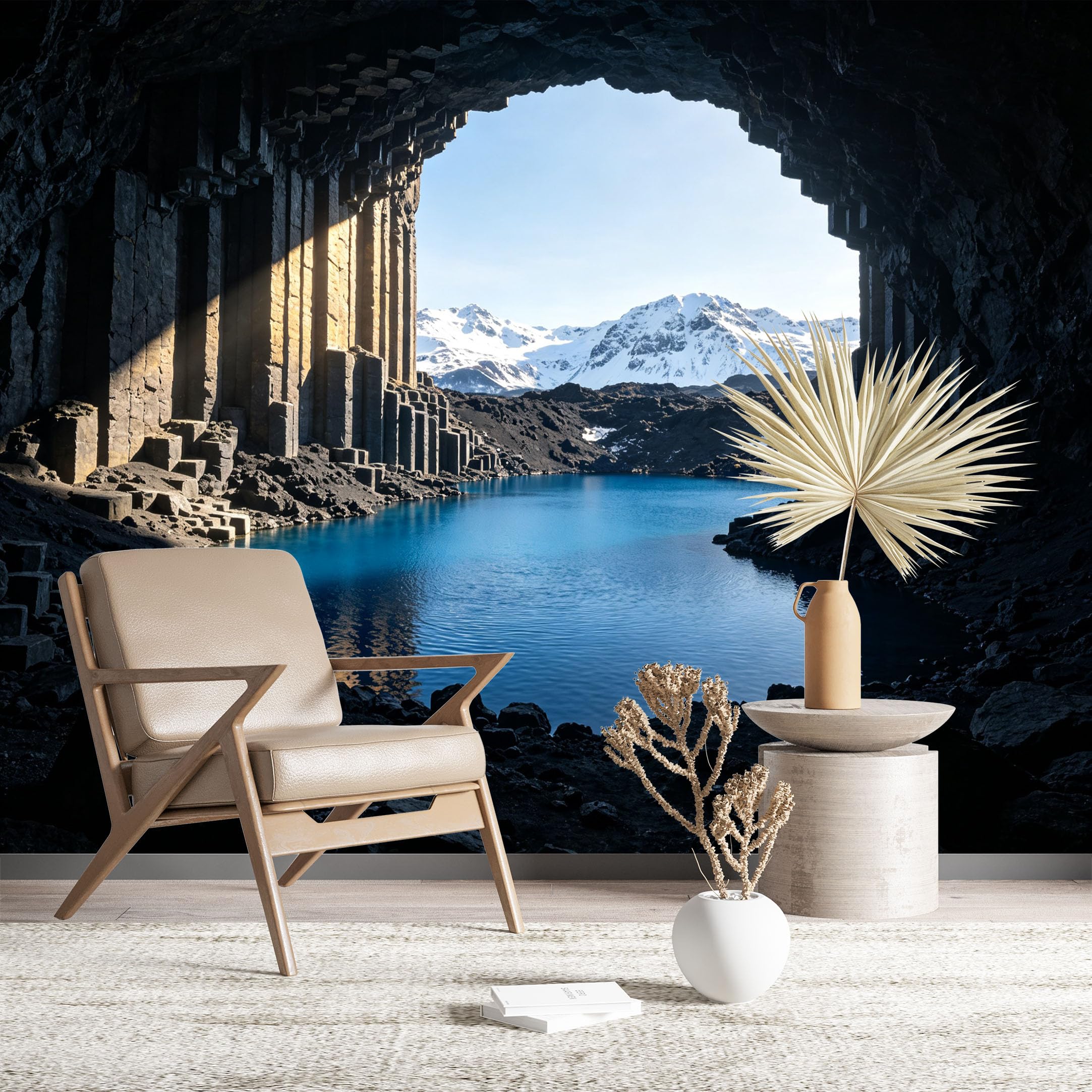 Custom Size Wall Murals Basalt Cave with Mountain Lake Vivid Self-Adhesive Wall Fabric (NO PVC) Removable Wallpaper for Living Room Bedroom