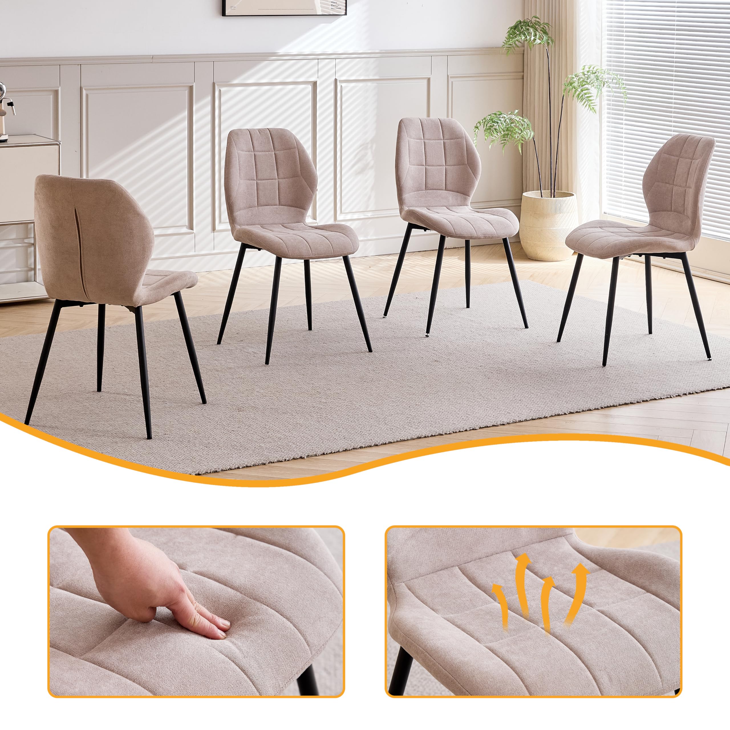 Set da Pranzo 140 x 78 x 77 CM Tavolo da Pranzo Rettangolare in Legno con 4 Sedie con Schienale Alto e Gambe in Metallo Laccato Nero (Tavolo Colore naturale + Sedia Beige)