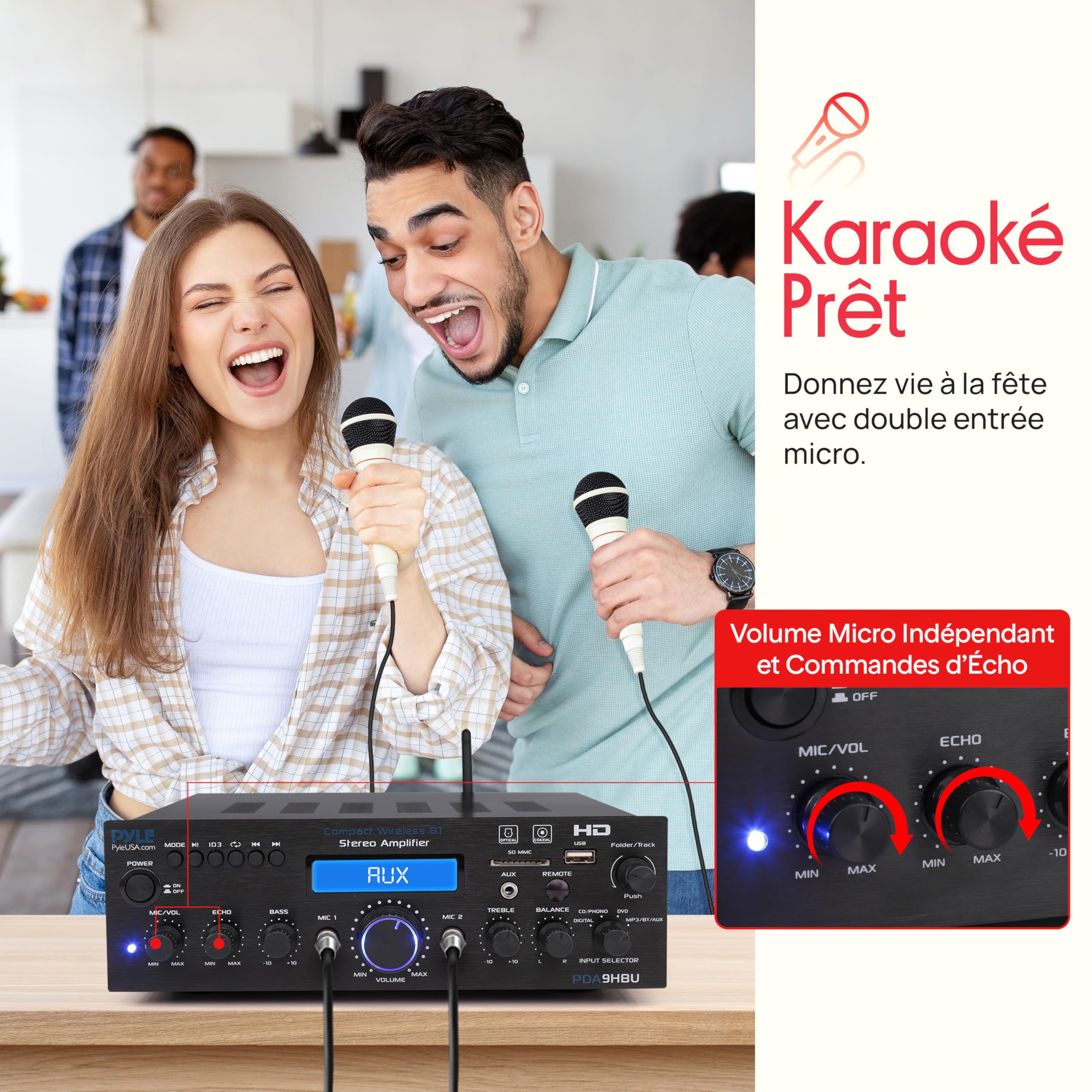 Pyle Amplificateur Bluetooth Stéréo sans Fil pour la Maison - Amplificateur Multi-Canaux 200W avec Récepteur Audio, HDMI, Optique/Phono/Coaxial, Radio FM, USB/SD, AUX,RCA, Entrée Micro- Télécommande