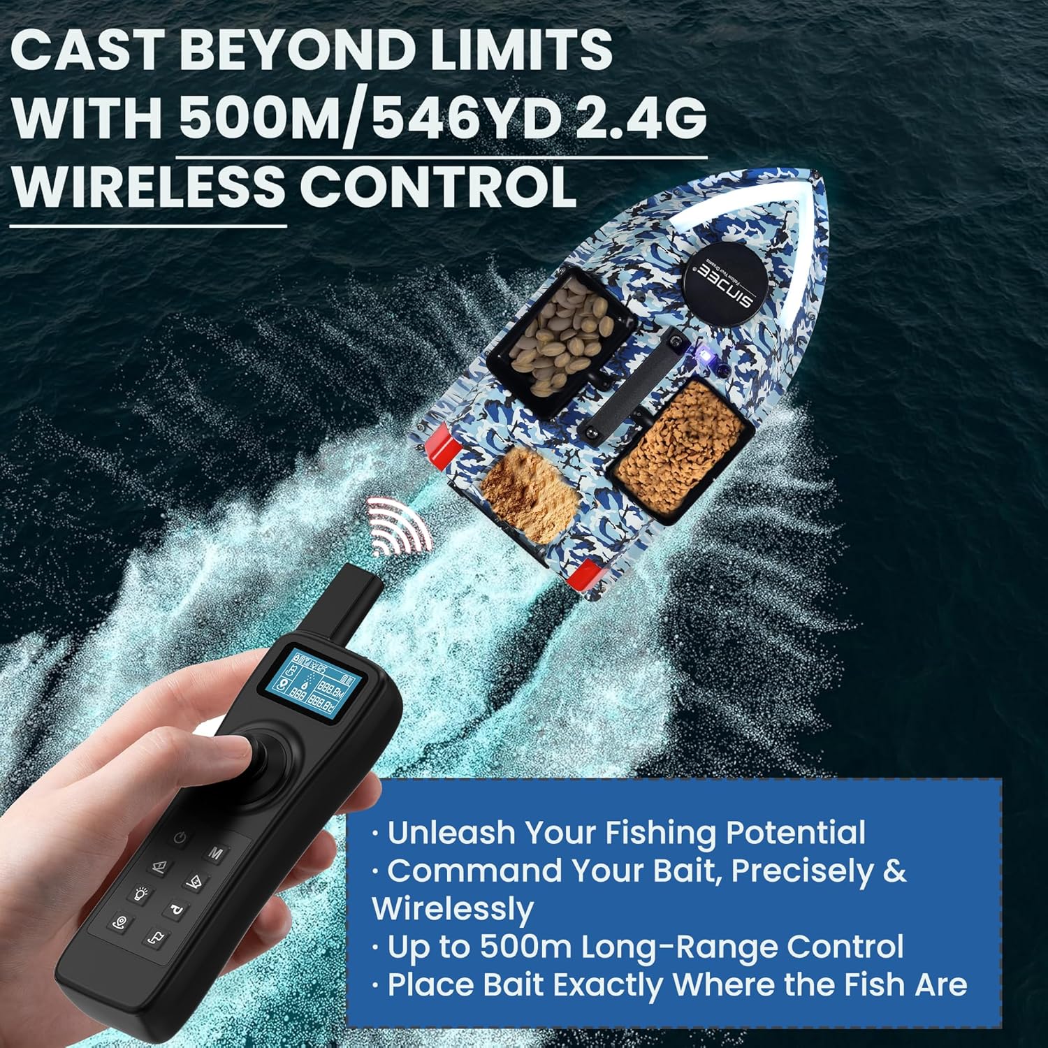 Bait Boat, The Latest RC Bait Boat with Water Depth & Temperature Detect, Auto-Return GPS Boat, 546yds Control, 3 Bait Tanks. 4H w/Extra Battery for Lake & River Fishing