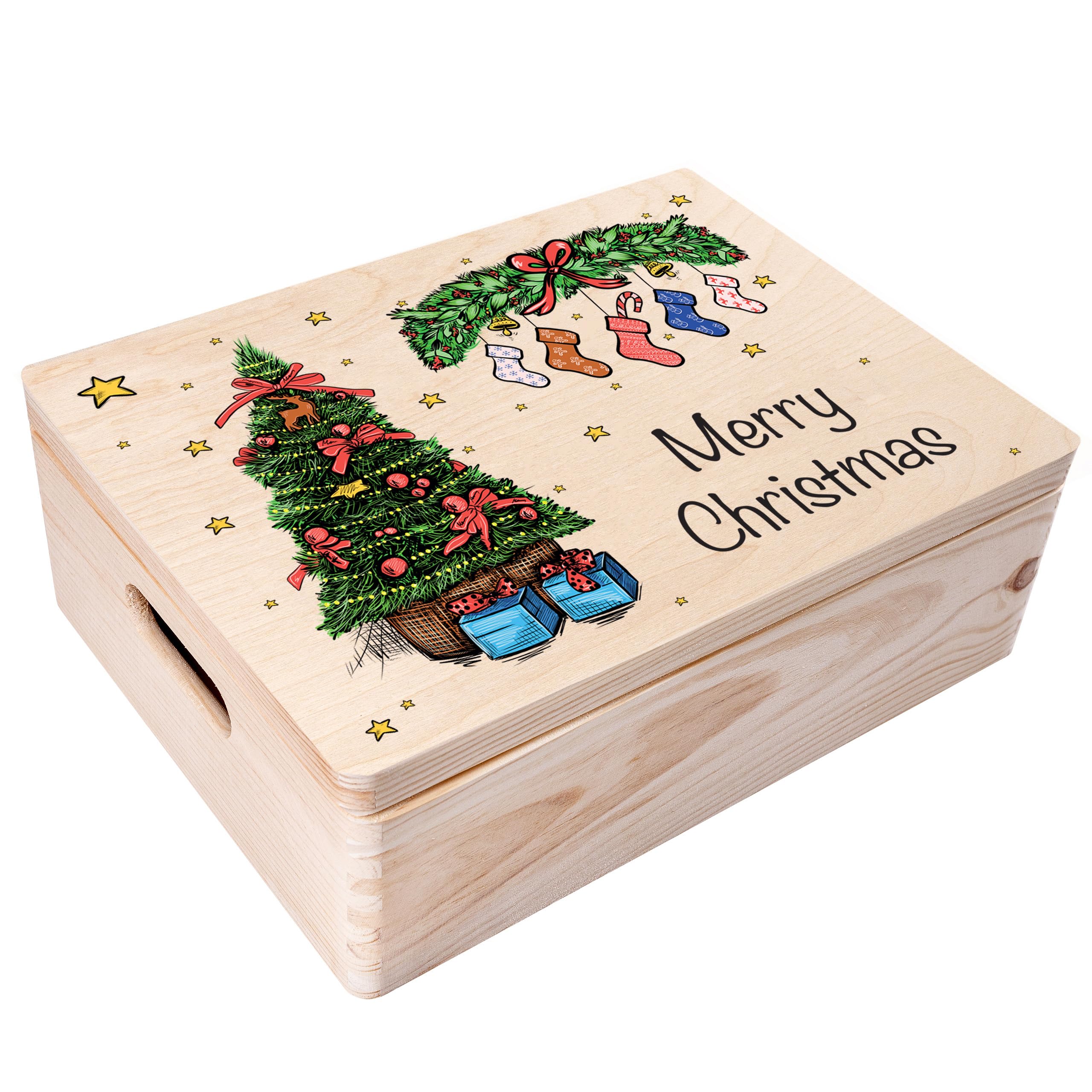 Creative Deco Women's Beige Personalised Gifts Any Text Gift Christmas For Men, Girls Or Boys - Xmas Tree | Unique Wish Custom Xmas Gift Box | Customised Wooden Storage Box | Empty Christmas Eve Box
