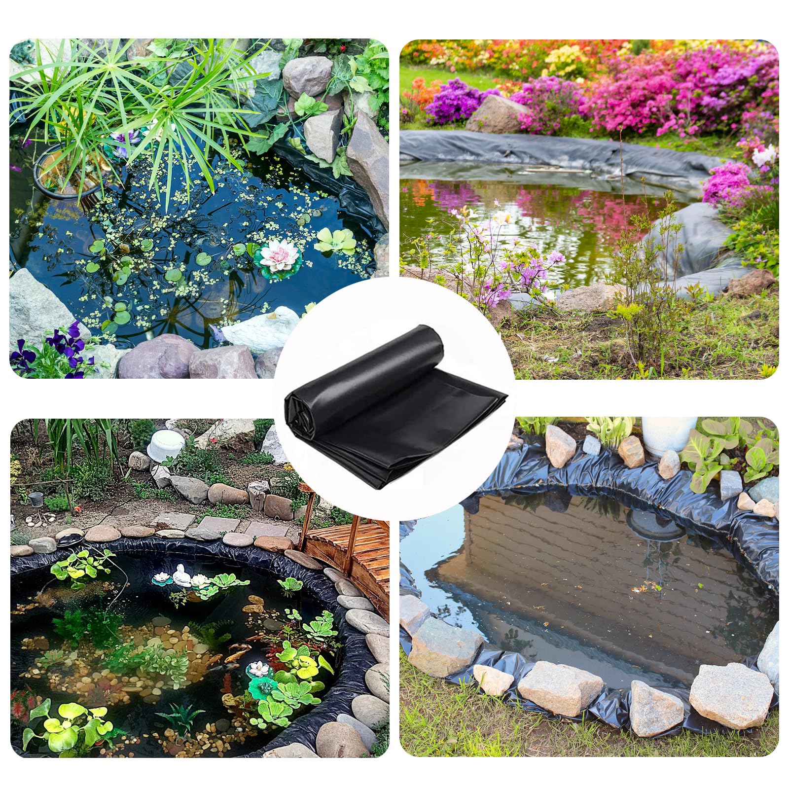Rivestimento per laghetto flessibile, in HDPE rinforzato, nero, per laghetti all'aperto, in gomma pieghevole, per stagni a cascata, stagni e laghetti per pesci, 3 x 3 m