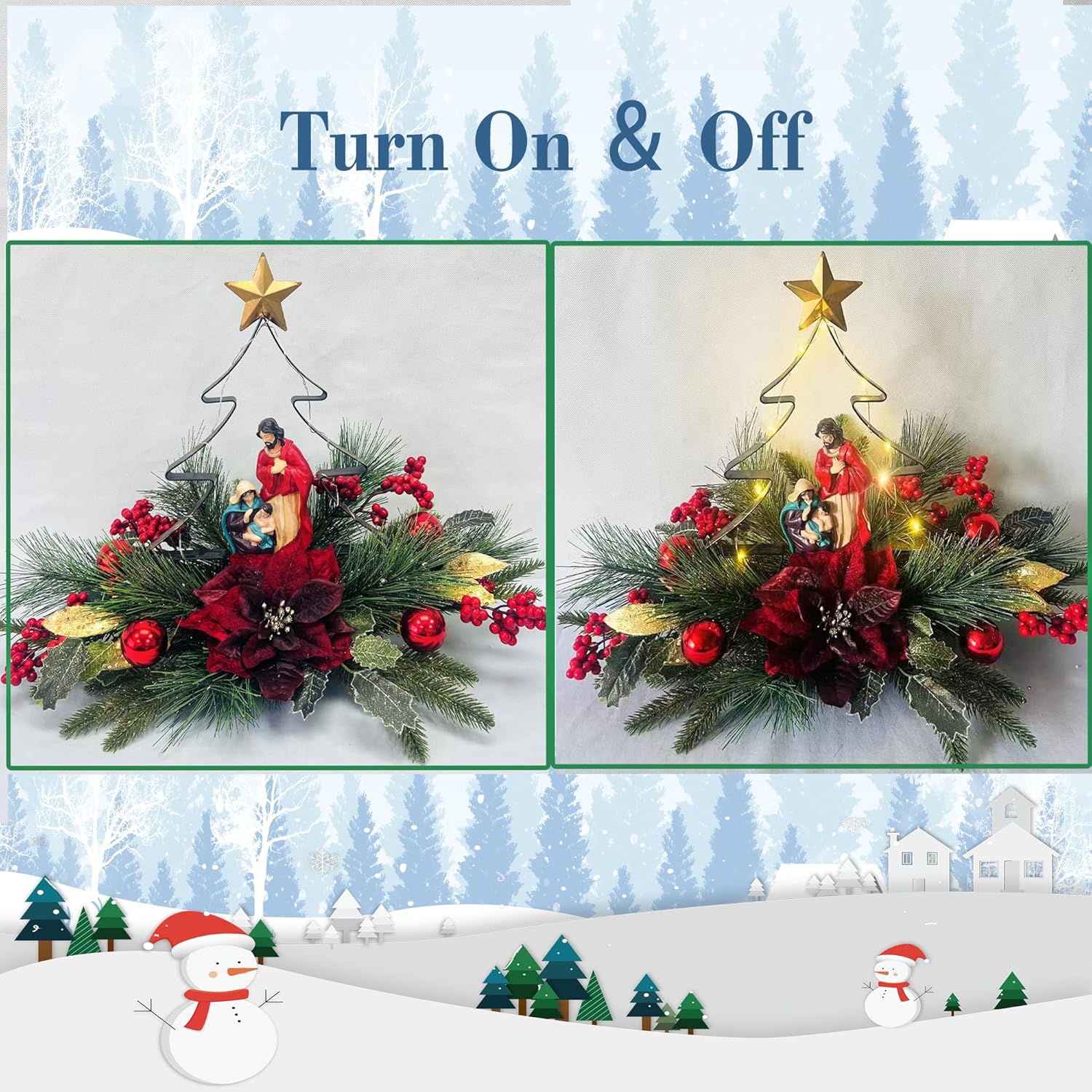 Eksen Nativity LED Christmas Tree Tabletop Centerpiece, Holy Family Christmas Decoration with Warm Lights, Red Poinsettia & Pine Accents for Holiday Home, Mantel or Dining Table Display(Red)