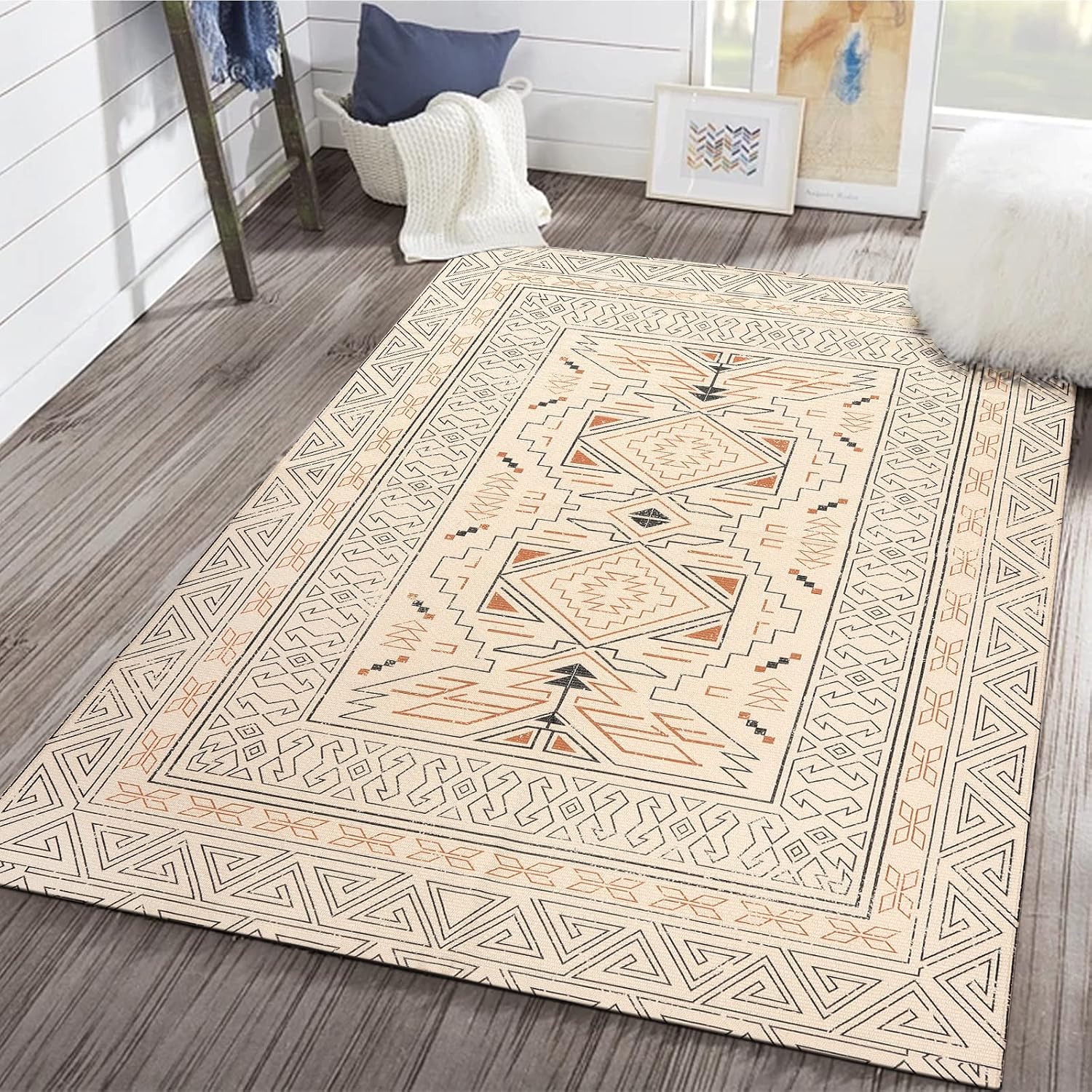 Moroccan Area Rug 3'x5',KIMODE Boho Woven Cotton Tribal Fringe Indoor Throw Rug,Farmhous Modern Geometric Collection Accent Carpet,Washable Floor Rug for Bedroom,Living Room,Porch