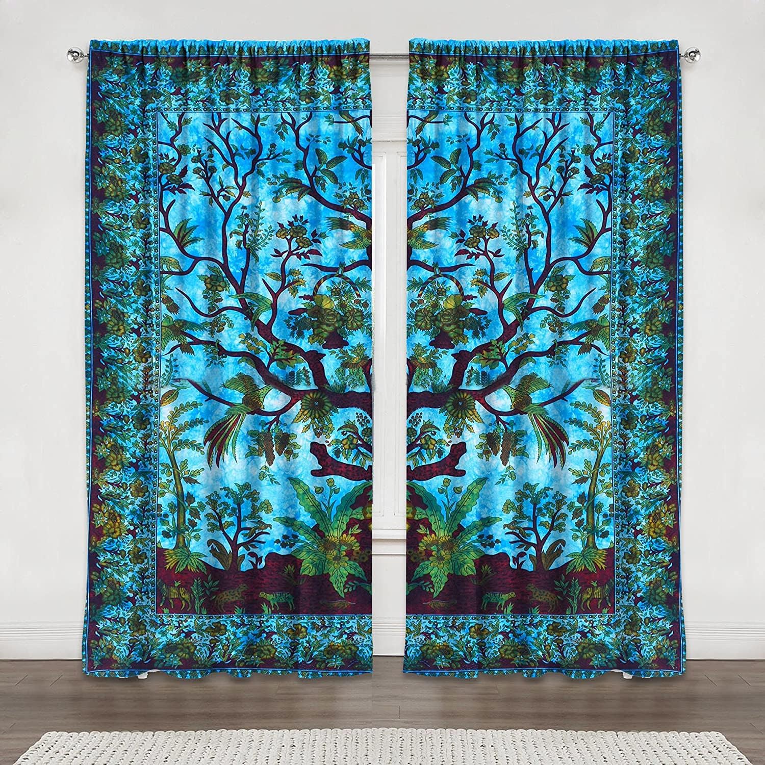 GDONLINE Indian Tree of Life Mandala Curtain Drapes Panel Sheer Tourquoise Color Bohemian 2 PC Curtain Set Window Treatment Door Hanging Home Decor Balcony Wall Panel, Turquoise, Queen 90 x 85 Inches
