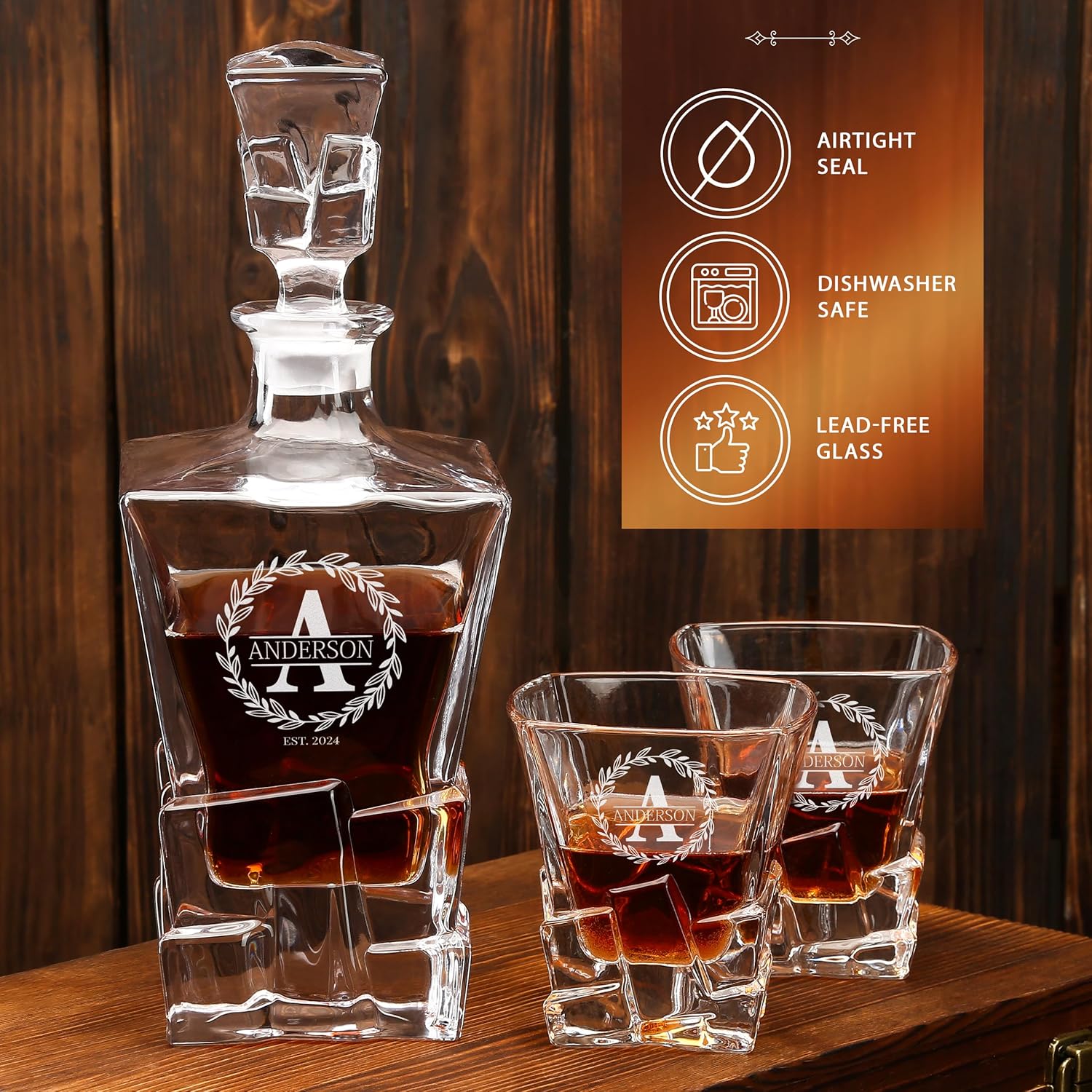 Personalized Whiskey Decanter and Glasses Set - Customized in USA Gift for Him - Men, Dad, Father, Brother, Son - Engraved 34 oz / 1000ml Rocks Whiskey Decanter, 4 Glasses in Premium Wooden Gift Box