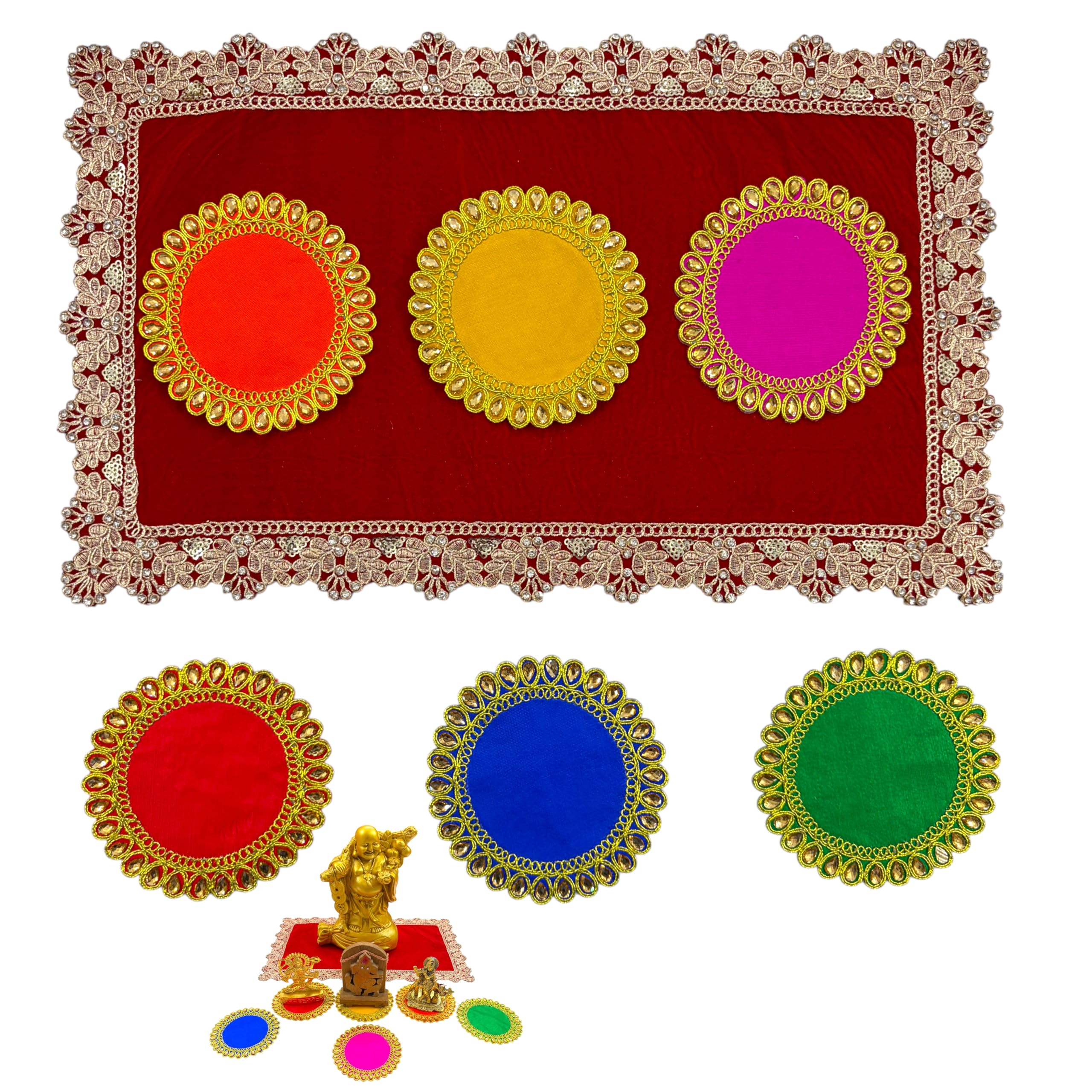 Velvet Pooja Aasan Mat with Golden Lace Border, Red, Round and Rectangular, 4x4 Inch (6 Piece) and 10x16 Inch (1 Piece)-image-19