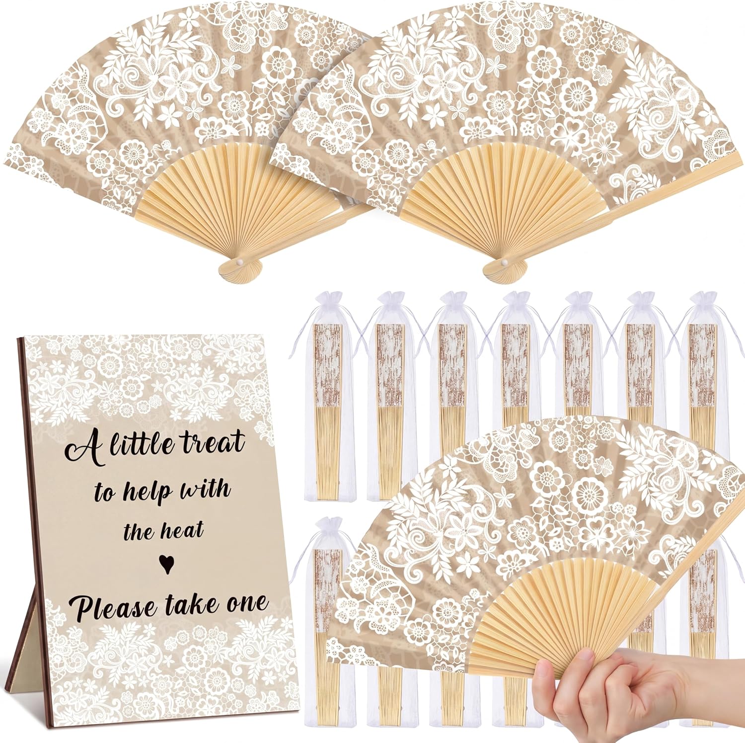 Leinuosen 51 Pcs Wedding Favors for Guests Bulk 25 Wedding Foldable Hand Fans Vintage Lace Handheld Paper Fans with 25 Organza Bags and a Table Sign Decor for Bridal Shower Favor Appreciation