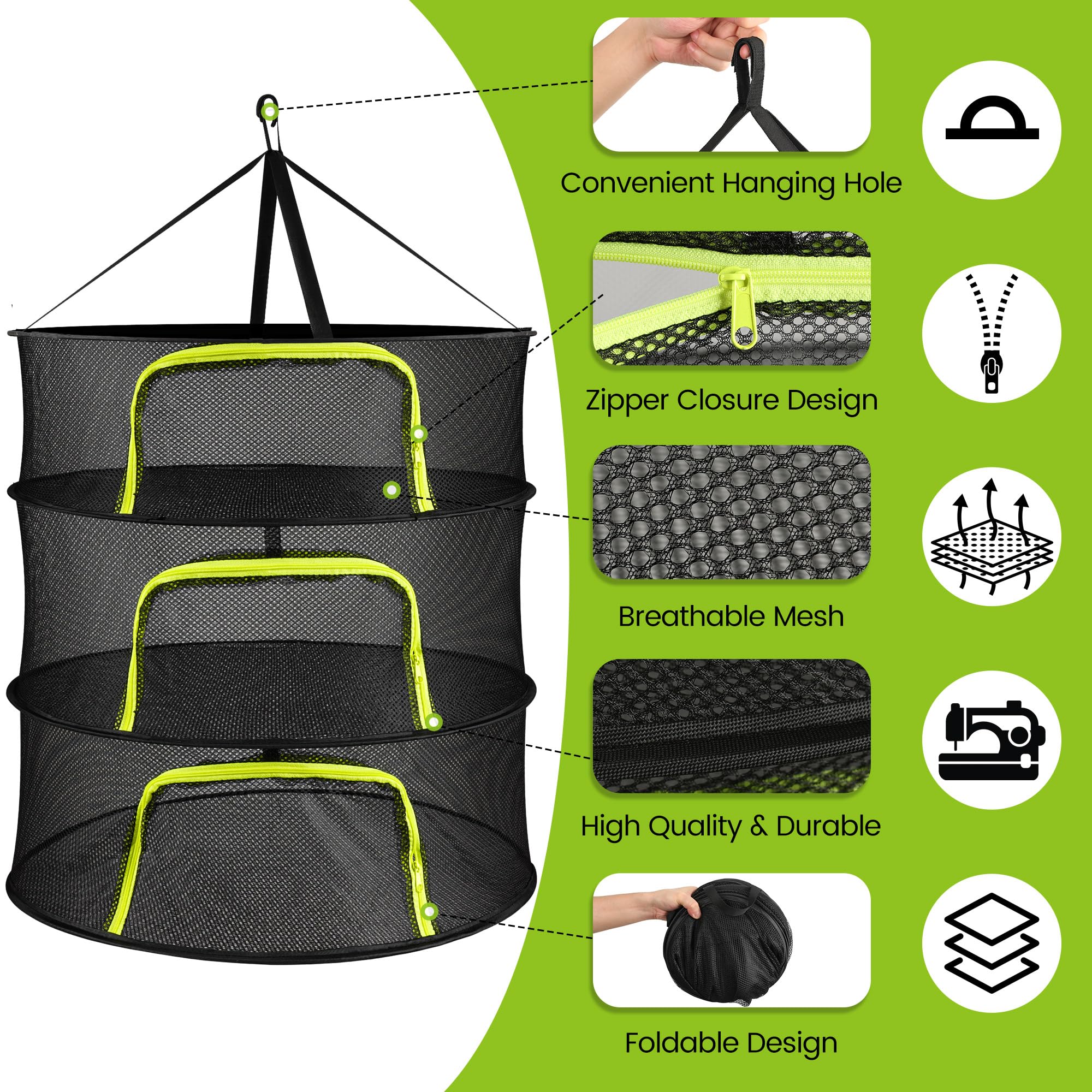 Red de secado de 3 capas, ancho de 60 cm, plegable, para colgar flores secas, pescado, carne