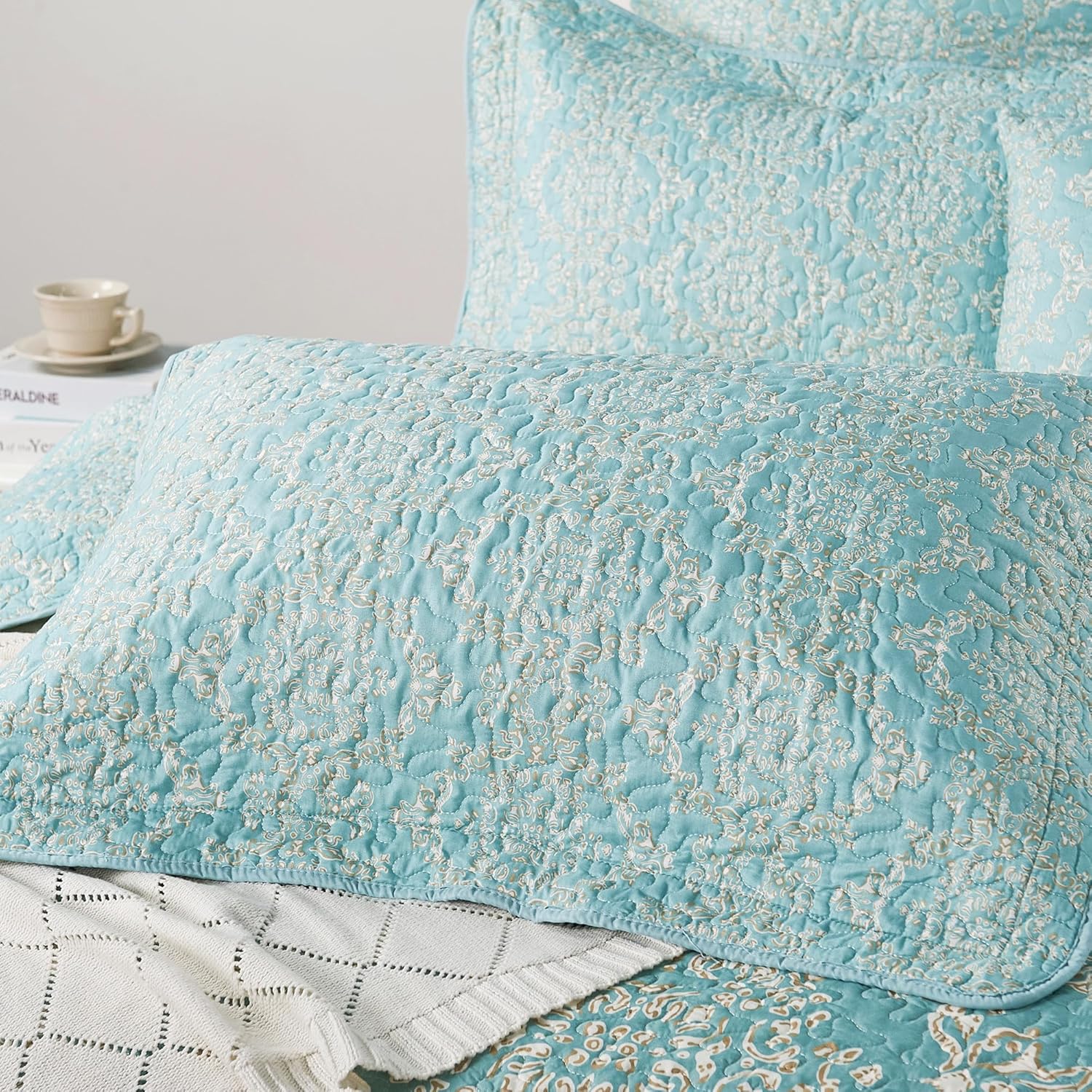 Home Soft Things Printed Microfiber 7 Piece Quilt Set Queen Size 90" x 90" Bed Cover, Teal Aqua Gold Lightweight Reversible Bedspread Blanket Coverlet Bedding Set Thin Comforter, Mystic Teal