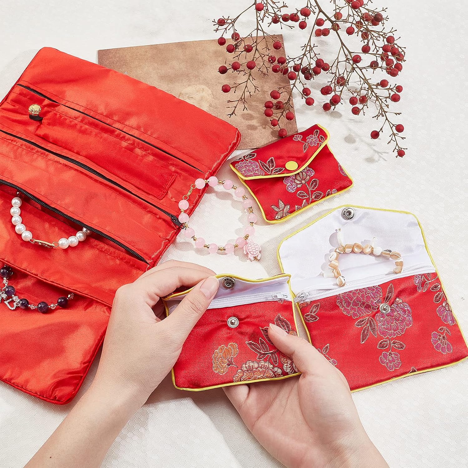 AHANDMAKER 4 Pcs Jewelry Silk Purse Pouchs, 4 Styles Vintage Flower Embroidery Damask Cloth Roll Chinese Style Brocade Organizer with Snap Button and Zipper Small Gift Bags for Travel Storage Jewelry