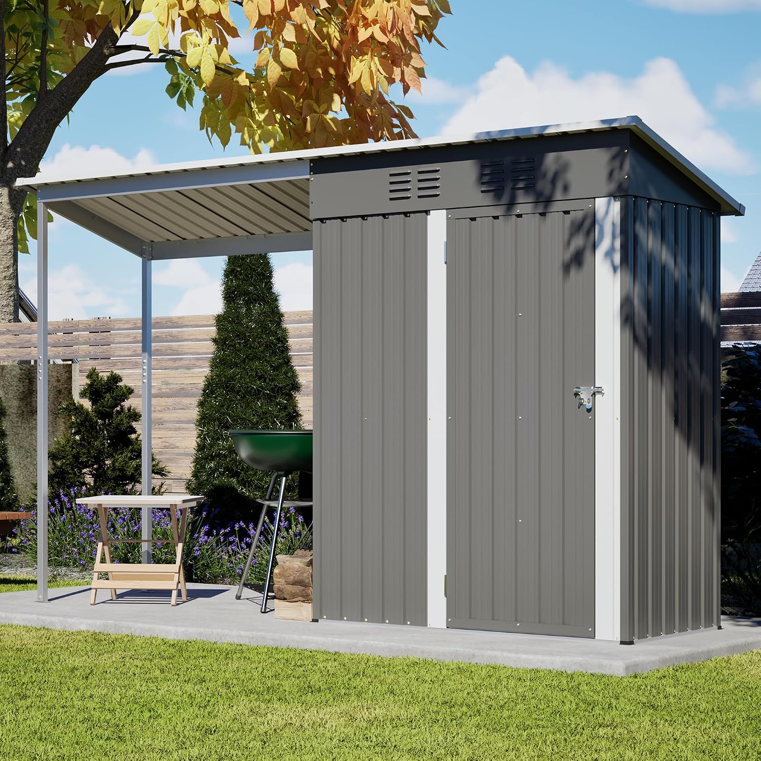 5x3FT Hardtop Gazebo & Storage Shed Combo, 10x3FT Metal Lean-to Shed with Open-Sided Pergola, 2-in-1 Durable Garden Tool Shed for Backyard, Patio, Grey