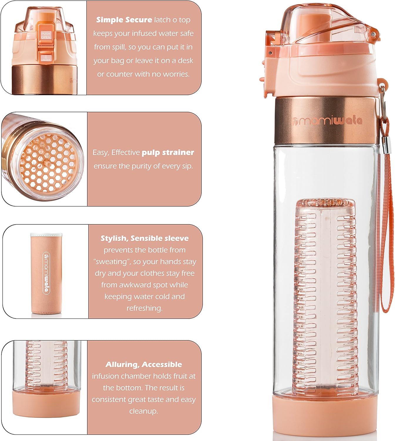 MAMI WATA Fruit Infuser Water Bottle – 24 oz – Tritan Plastic - Unique Stylish Design – Fruit Infused Water recipes eBook & Insulating sleeve – Beautiful Gift Box