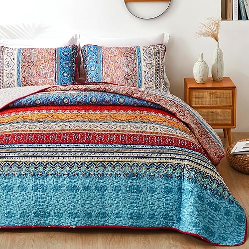 Vista 95 de WONGS BEDDING Juego de edredón bohemio tamaño Queen Aqua, juego de colcha de 3 piezas a rayas, de microfibra ligera y suave bohemia para todas