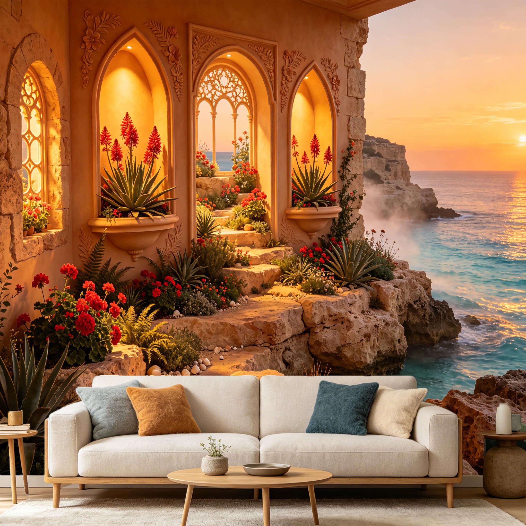 Custom Size Wall Mural， Mediterranean Coastal Sunset Ocean View， Architectural Archway Floral Garden， SelfAdhesive Art Prints wall Fabric Removable Large Wallpaper Home Living Room Decor