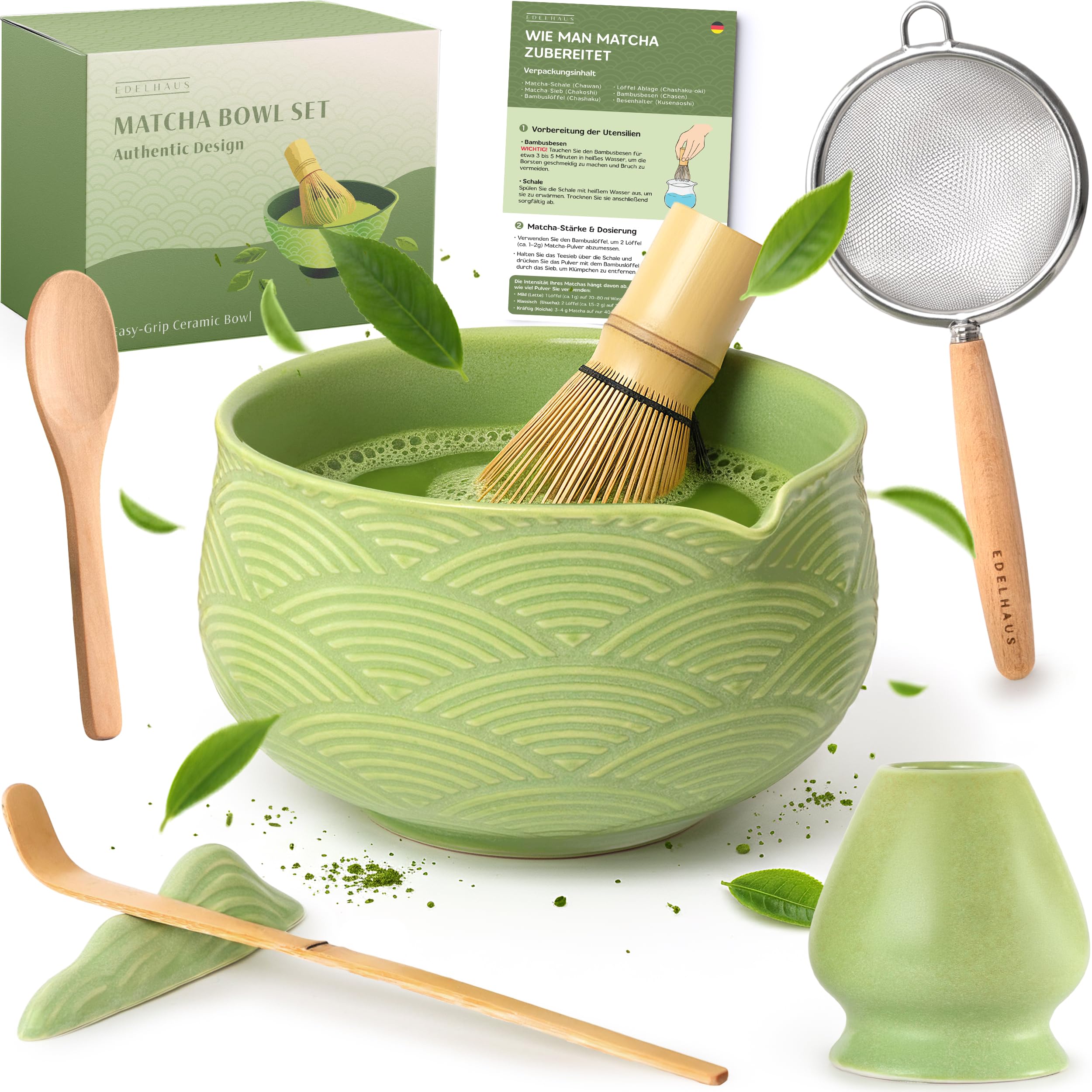 EDELHAUS Matcha Set (7 Teilig) Matcha Schale mit Besen, Sieb, Löffel - Einzigartiges Design Ceremonial Grade Matcha Tee Set (Grün)