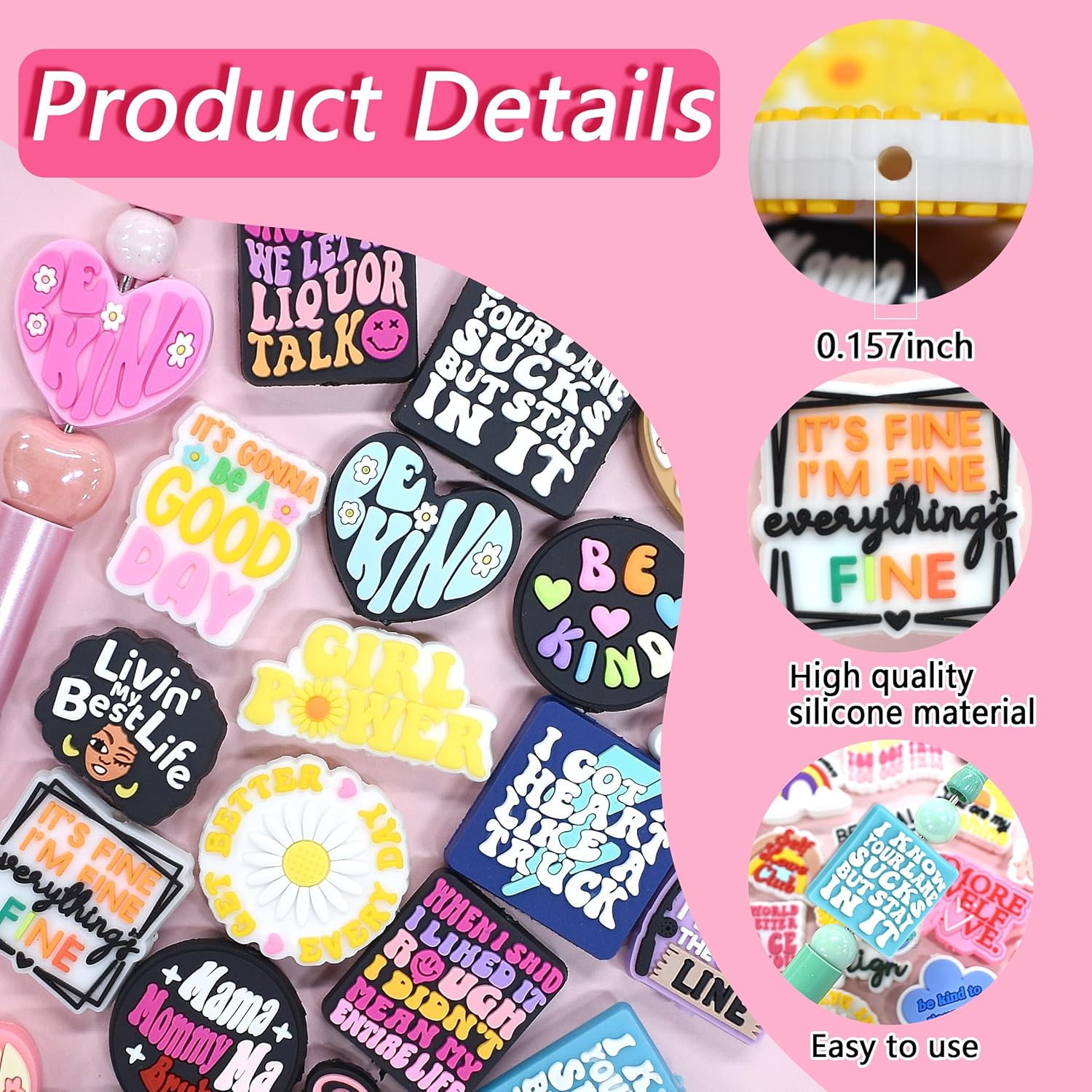 XHAOYEAHX 70PCS Phrase Focal Beads for pens, Not Duplicated Silicone Focal Beads for DIY Beadable Pen Keychain Bracelet Lanyard Making
