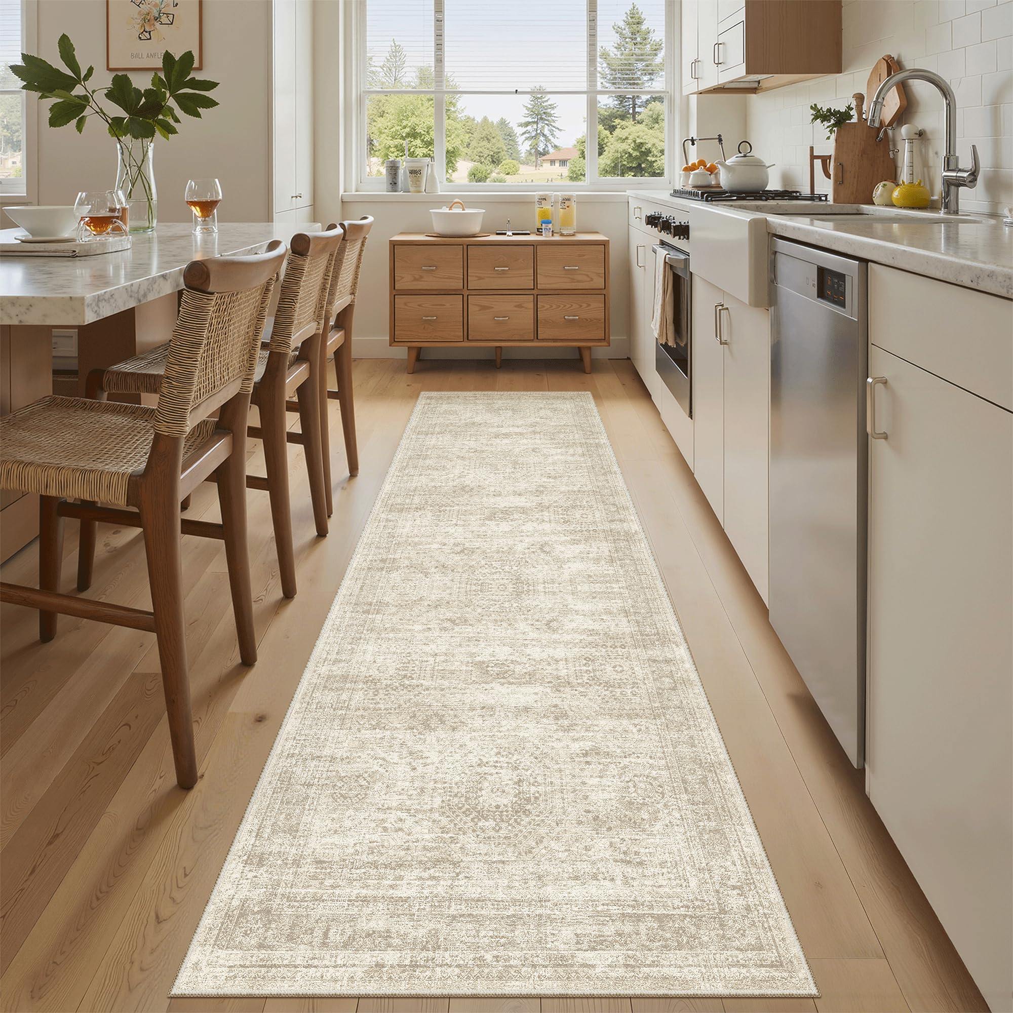 Soalmost Runner Rug 2x8 Washable Non-Slip Hallway Kitchen Runners Beige | Stain Resistant Vintage Rugs for Bathroom Laundry Room, Low Pile Foldable Floor Carpet Mat for Entryway Corridor Bedroom Beige 2' x 8' (Runner)