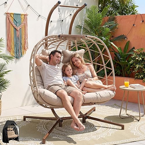 NICESOUL Silla doble para interiores y exteriores, columpio de gran tamaño con soporte para 2, sofá biplaza colgante de ratán para todo tipo de