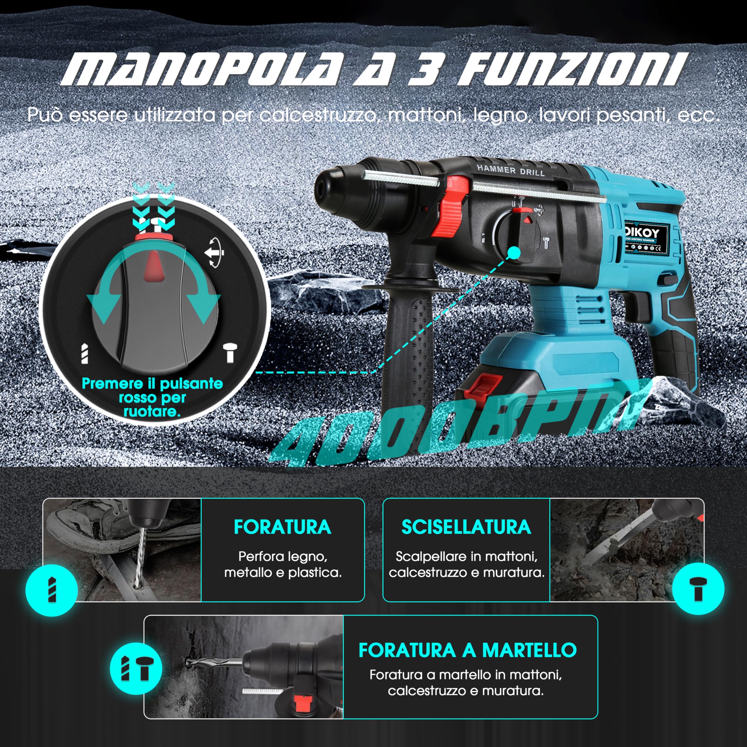 Martello Demolitore Senza Fili 21V, Tassellatore a Batteria con Motore Senza Spazzole, 3 Modalità, Fino a 32 mm, Velocità di 4000 BPM, Impugnatura Regolabile a 360° e Batteria Makita Compatibile