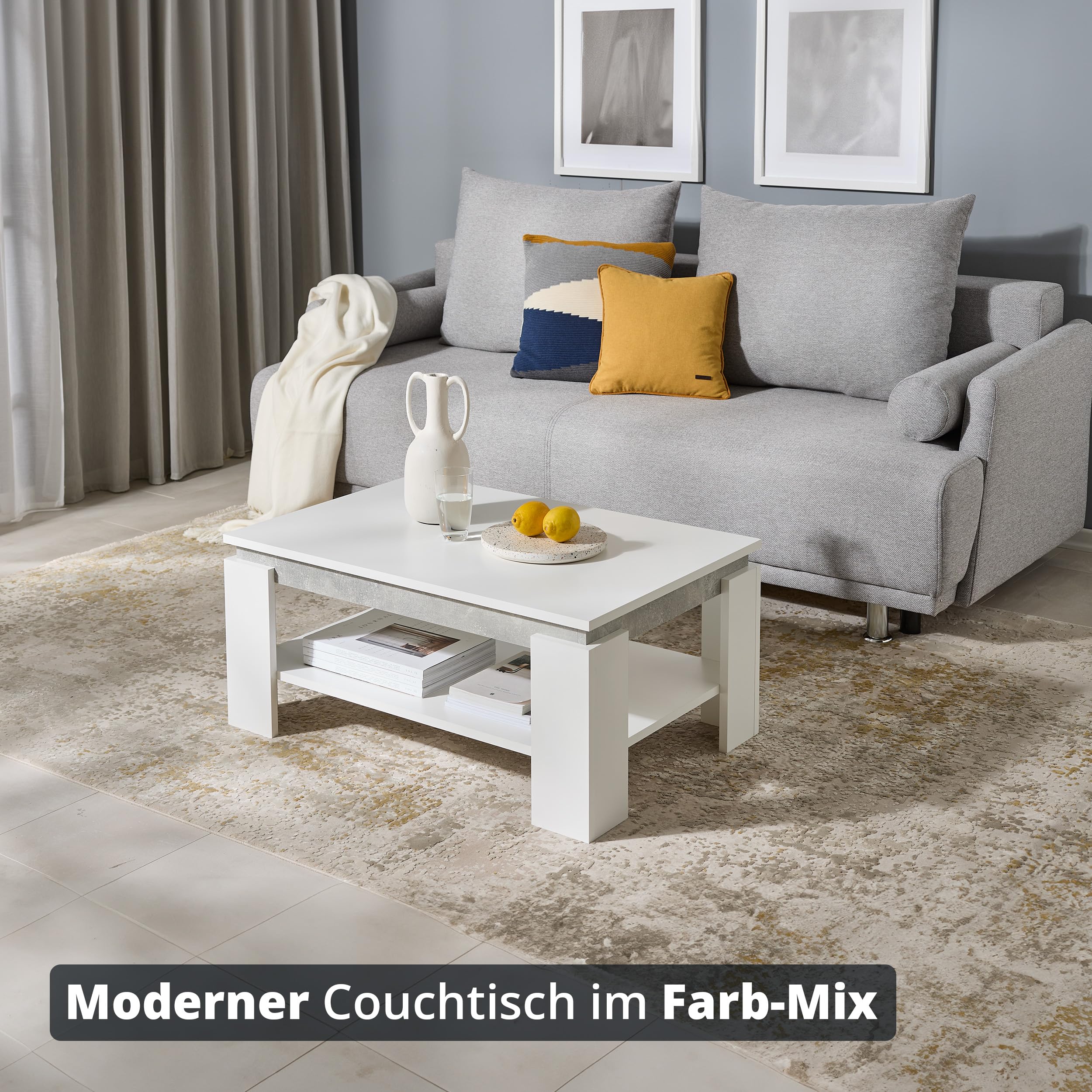 KHG Couchtisch weiß Rechteckig, Ablagefach in Beton-Optik, für Wohnraum | Holzwerkstoff foliert, Sofatisch fürs Wohnzimmer, 25 kg belastbar, 90x60x41 cm, stabil und pflegeleicht, für Zuhause