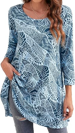 Enmain Womens Tunic Top 3/4 Long Sleeve Tunics for Women UK Plus Size Round Neck Longline Tops for Leggings Ladies Swing T Shirt Casual Loose Stretch Comfortable Blouses Shirts S-5XL