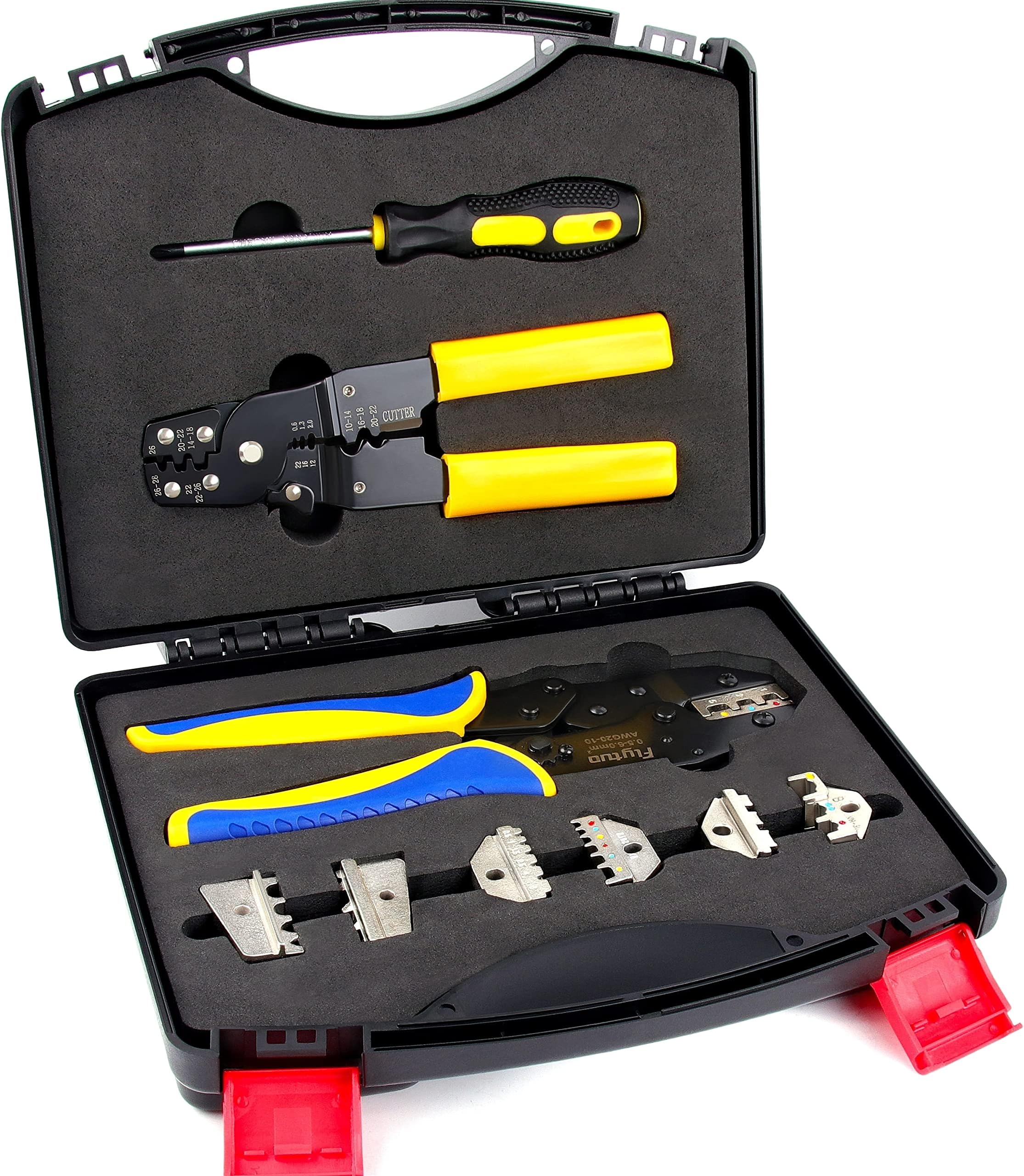 Crimping Tool Kit with Wire Stripper and Cable Cutters Suitable for Non-Insulated and Insulated Cable End-Sleeves Terminals or Ferrules with 4 Changeable Die Sets