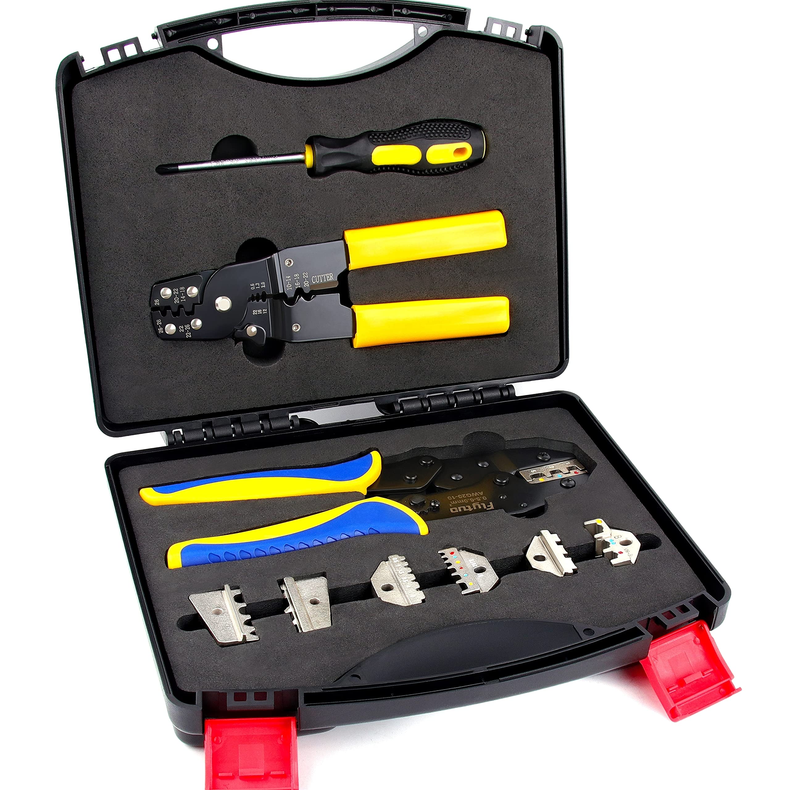 Flytuo Crimping Tool Kit with Wire Stripper and Cable Cutters Suitable for Non-Insulated and Insulated Cable End-Sleeves Terminals or Ferrules with 4 Changeable Die Sets