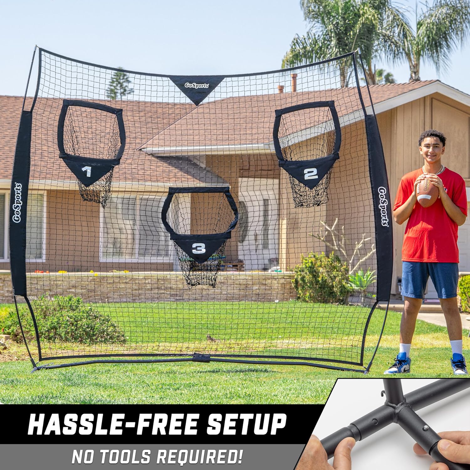 GoSports Football Throwing Net - 8 x 8 ft or 6 x 6 ft Nets - Choose Black or Red