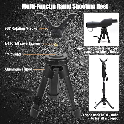 Miniatura 2 de Baize Tactical Compact Rapid Shooting Rest Hunting Tripod Adjustable Height Rifle Shooting Tripod 360 Rotation V Yoke Holder, Durable Aluminum