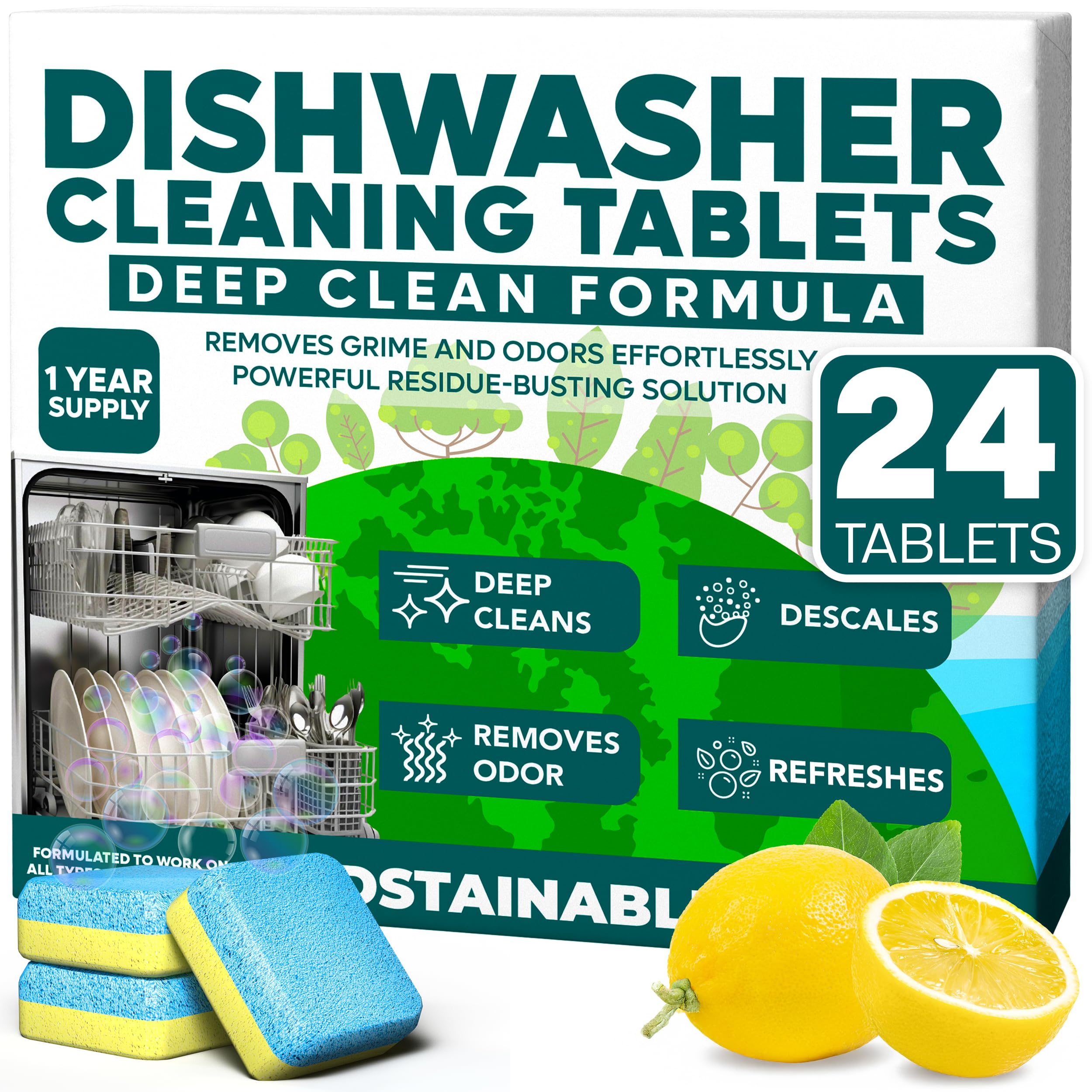 Dishwasher Cleaner and Deodorizer Tablets, 24 Pack – Dishwasher Cleaning Tablets for Odor and Buildup Removal, Descaler - 1-Year Supply