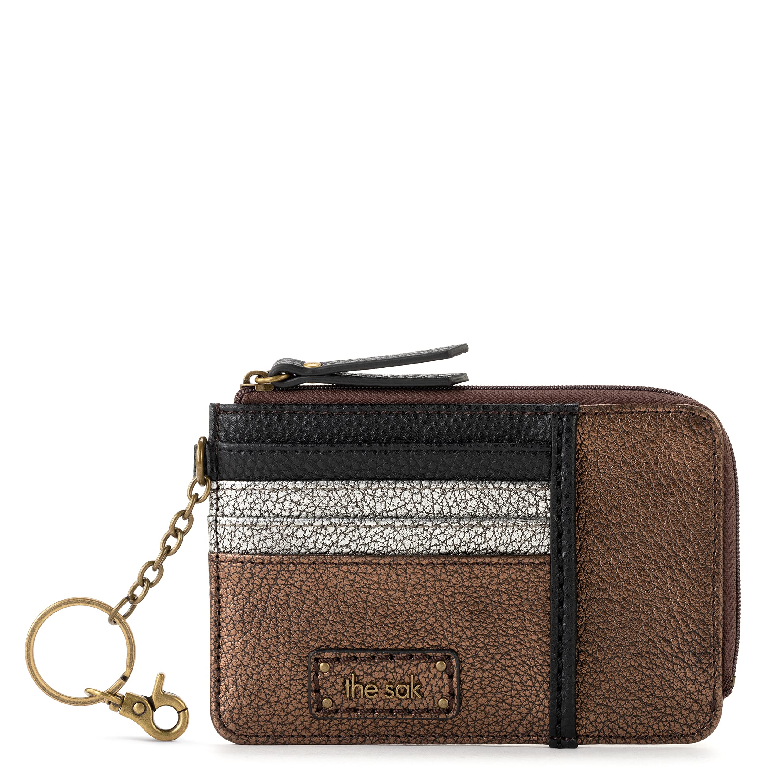 The Sak Women's Iris Card Wallet in Leather, Elevated Everyday Purse with Keychain, Includes Credit Card Holders & Clear ID Window, Stone & Pink Sparkle Block