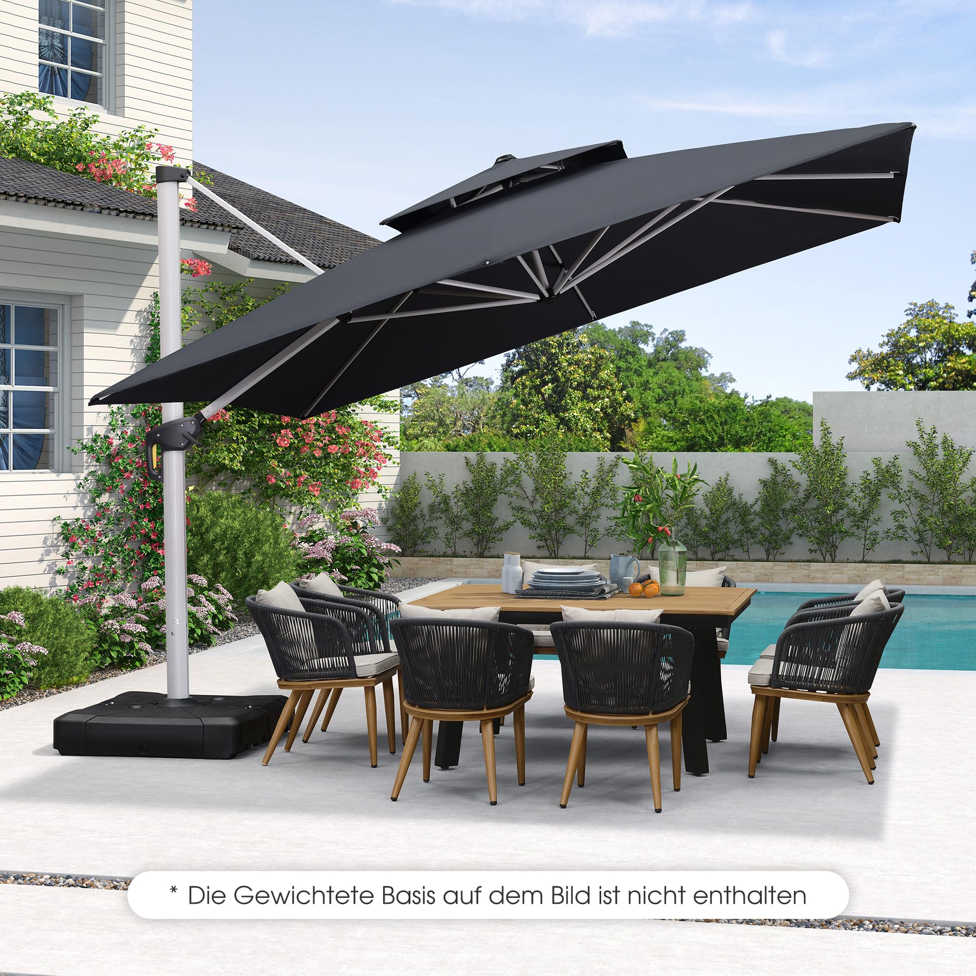 PURPLE LEAF Sonnenschirm 365 × 365 cm Doppeldach Groß 360° Rotation, Grau | UV 50+ Polyester, Stabiler Alurahme Ampelschirm, 360° Drehung Flexible Beschattung, Einfache Aluguss-Griff, Terrasse