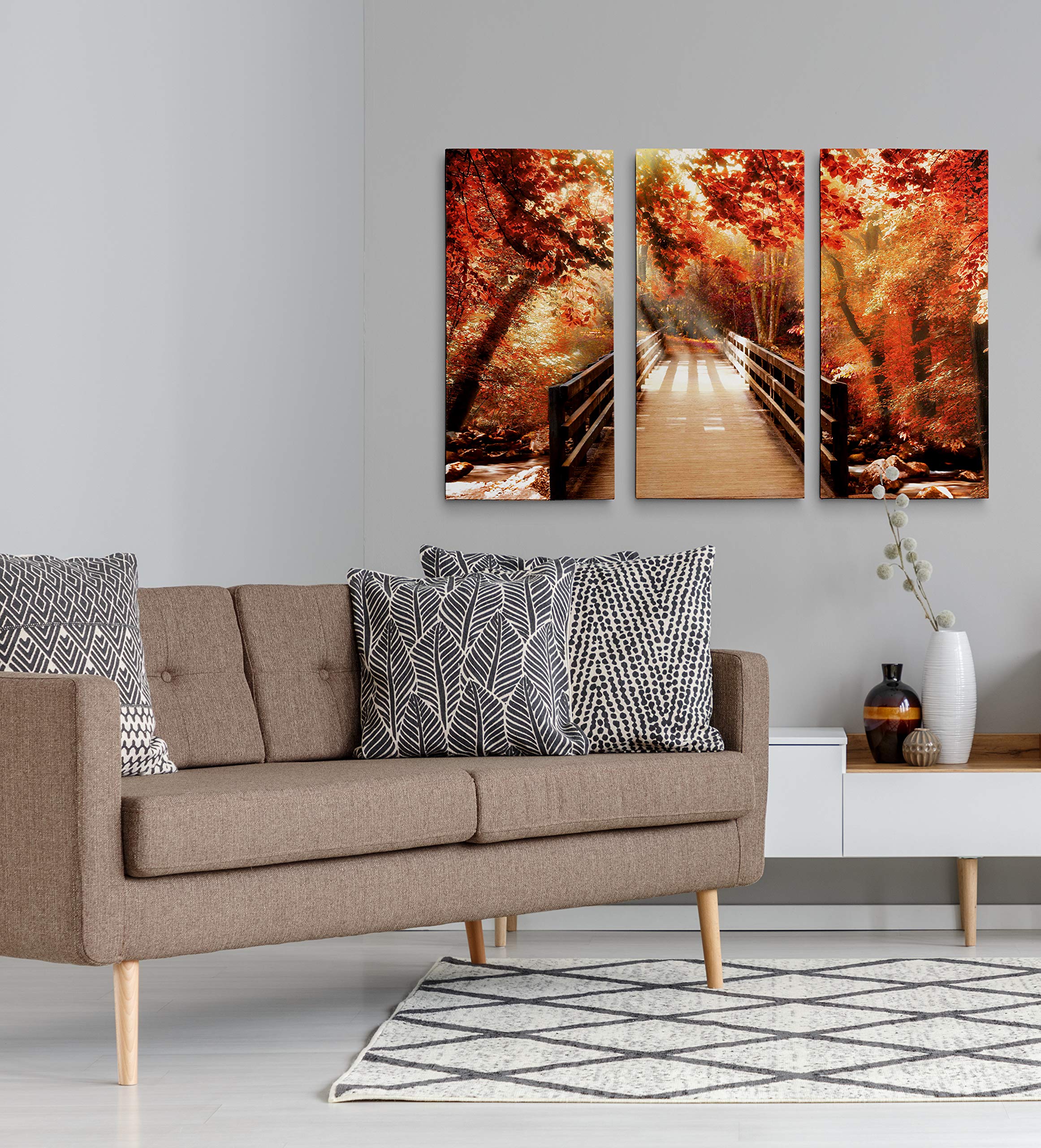 Amazon.com: Autumn Bridge 3 Panel Gallery Wrapped Canvas Autumn