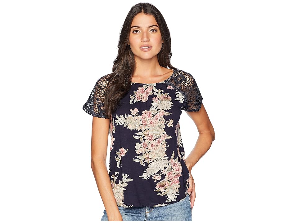 

Lucky Brand Lace-Up Peasant Top (Navy Multi) Women's Clothing