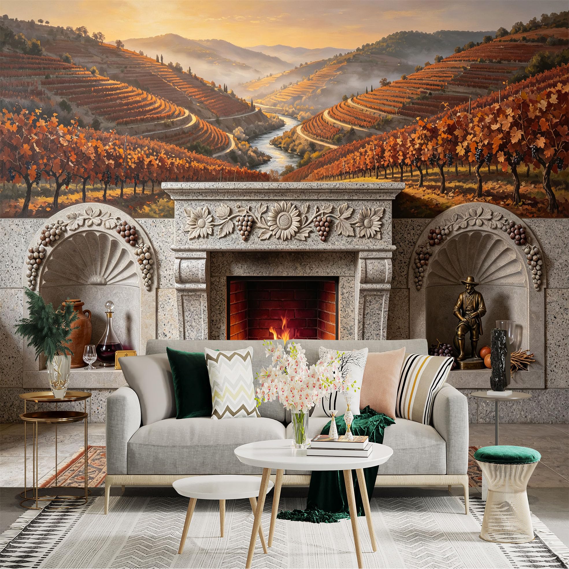 Lnzczhyre Bh260719586 Custom Size Wall Sticker Mural， Autumn Vineyards With Winding River， Misty Mountain Sunset Landscape， For Wall Decoration， Peelandstick Wall Decals.