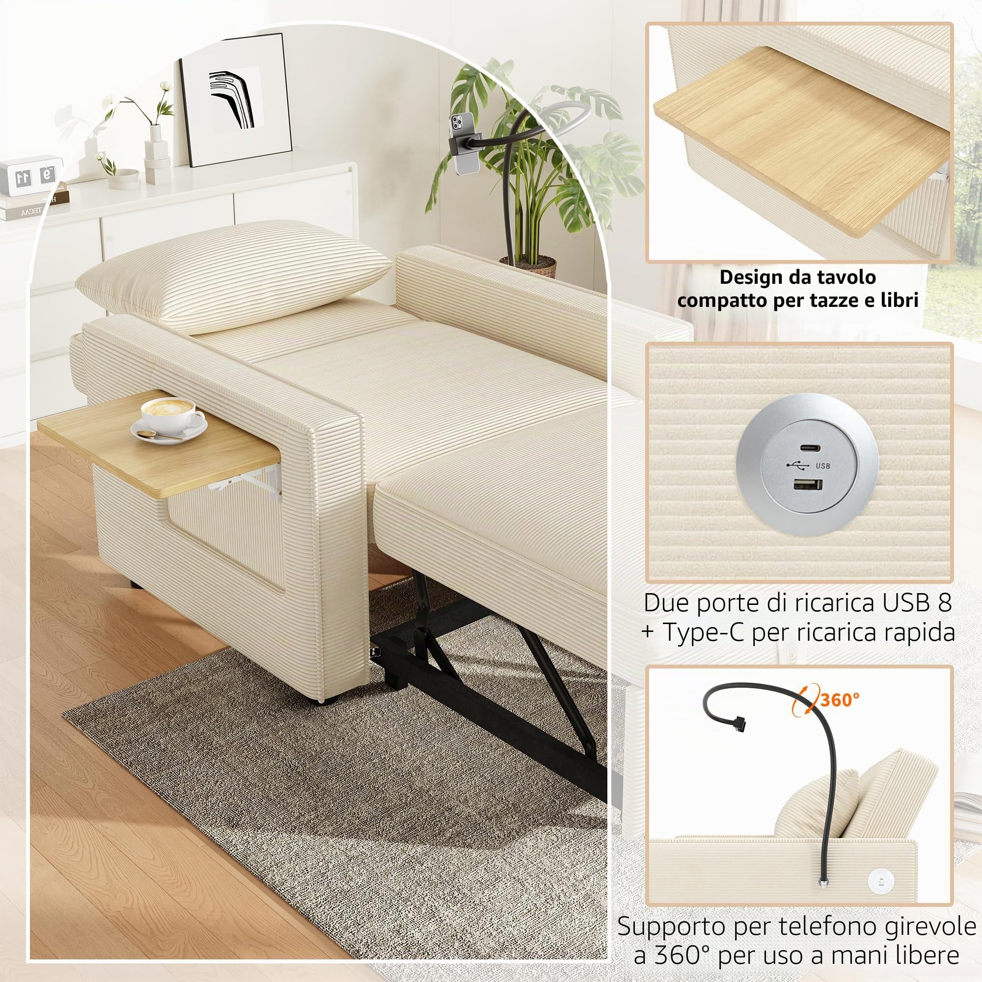 Idemon Divano letto pieghevole multifunzione con porta di ricarica USB e supporto per cellulare, poltrona relax a 1 posto, trasformabile, salvaspazio per soggiorno e camera da letto, tessuto in