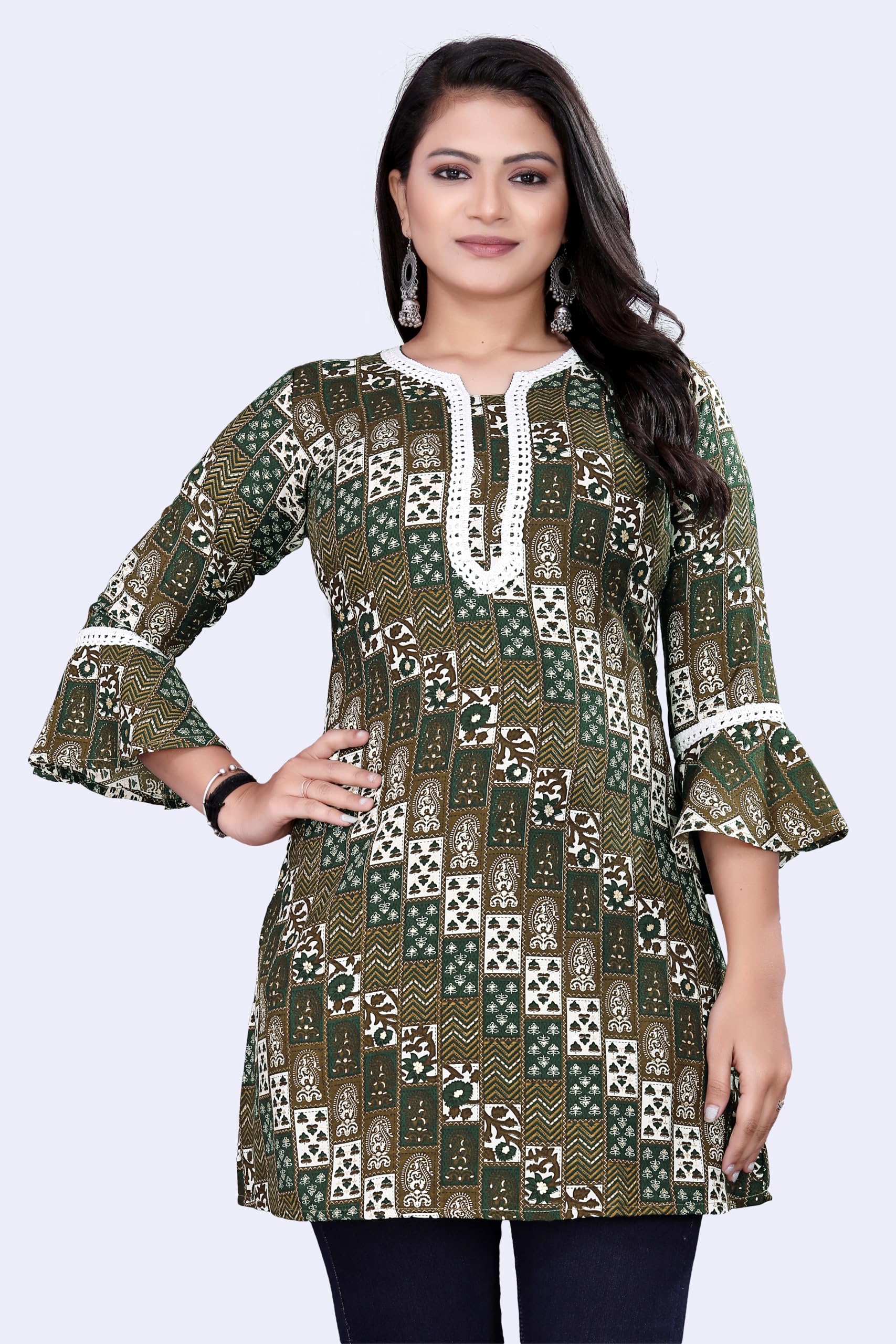 shree aksharam trends Aksharam Trends Presents Printed Rayon Fabric Tunic with Lace Boarder Pattern (AK-1330 R Tunic Lace Boarder Green XL)-picture-33