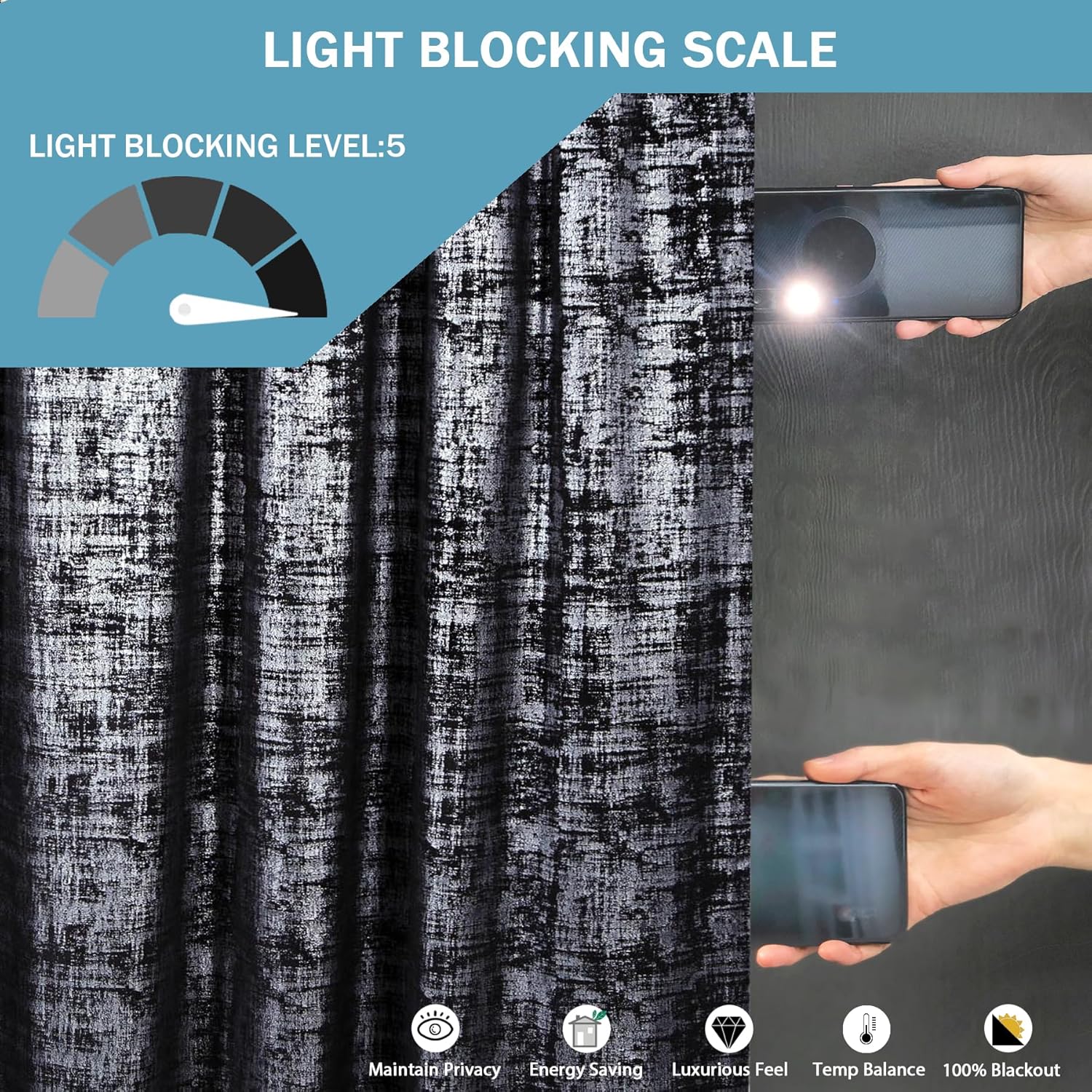 always4u 100% Blackout Without Lining Luxury Soft Velvet Curtains Silver Foil Print 52 * 108 Inch Curtains Thermal Insulated Noise Reducing Drapes for Bedroom Living Room Set of 2 Black