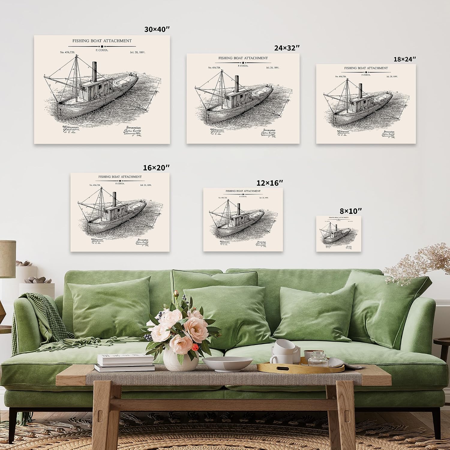 Poster Master Vintage Fishing Blueprint Canvas - Fishing Boat Attachment Patent Print - Fisherman & Boat Art - Fishery Design - Nautical Art - Ocean or Beach House Decor - 8x10 STRETCHED Canvas