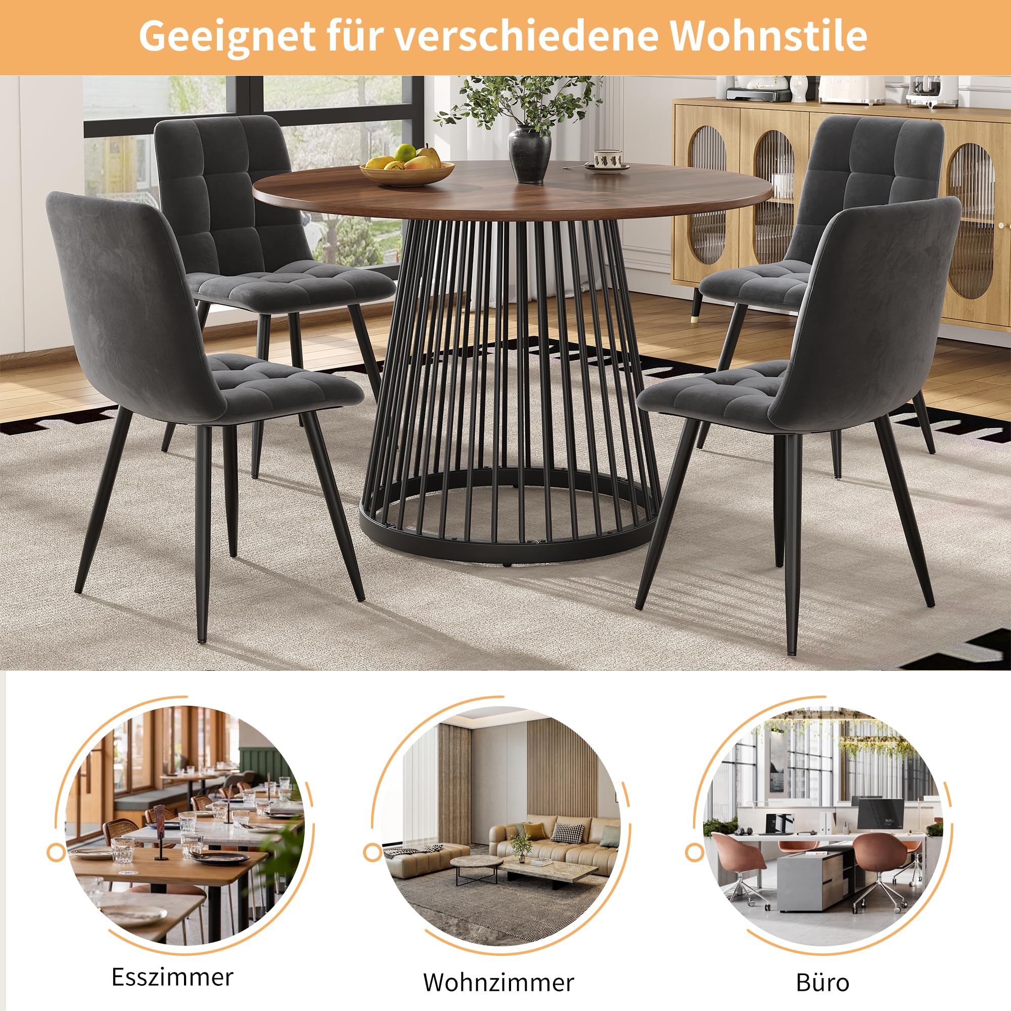 Merax Runder Esstisch 80×80×76cm, für 2-4 Personen, Kleiner Tisch für Wohnzimmer Küche Esszimmer, Walnussfarbener MDF-Platten, verstellbare Eisen Tischbeine, Metallrahmen