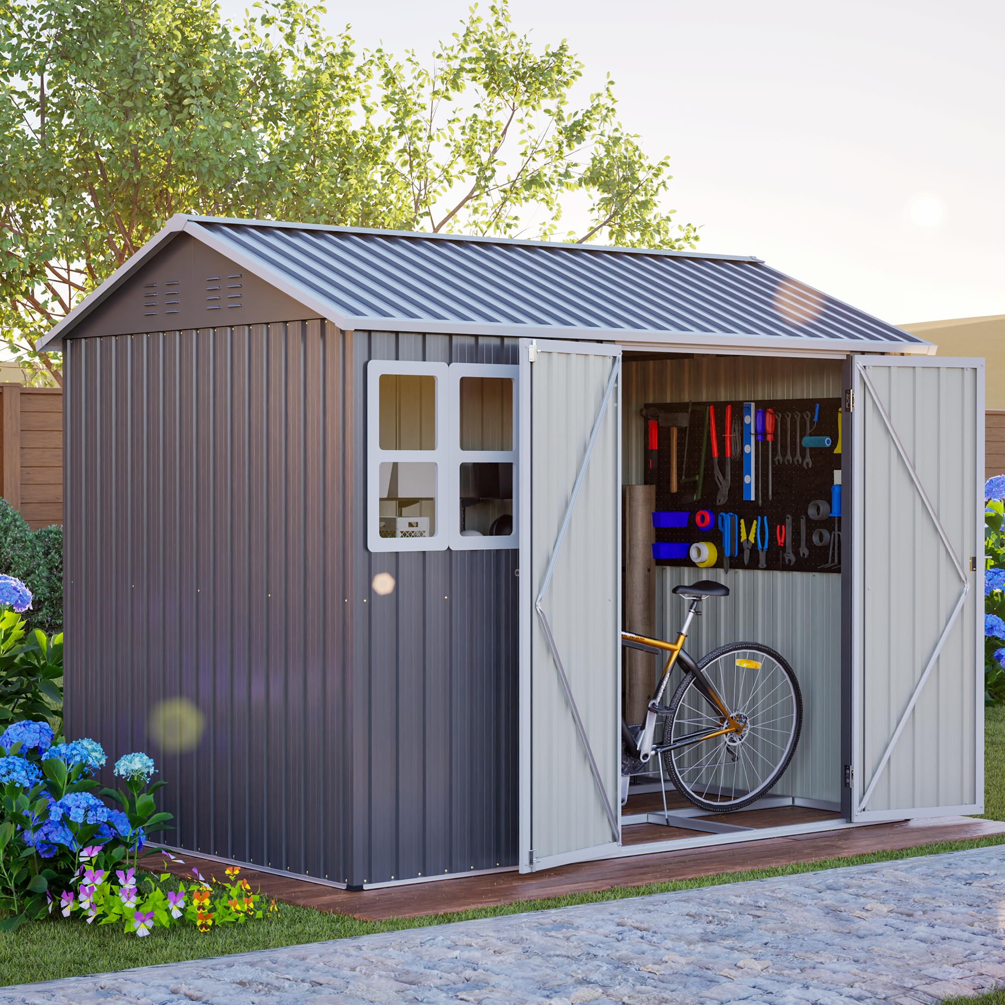 Thanaddo 8×6ft Gerätehaus Metall Groß Geräteschuppen 250x180x200cm mit Fundamentrahmen, Wetterfest Gartenhaus mit Fenster & Abschließbarer Tür, Gartenschuppen für Outdoor Garten Hinterhof, Grau