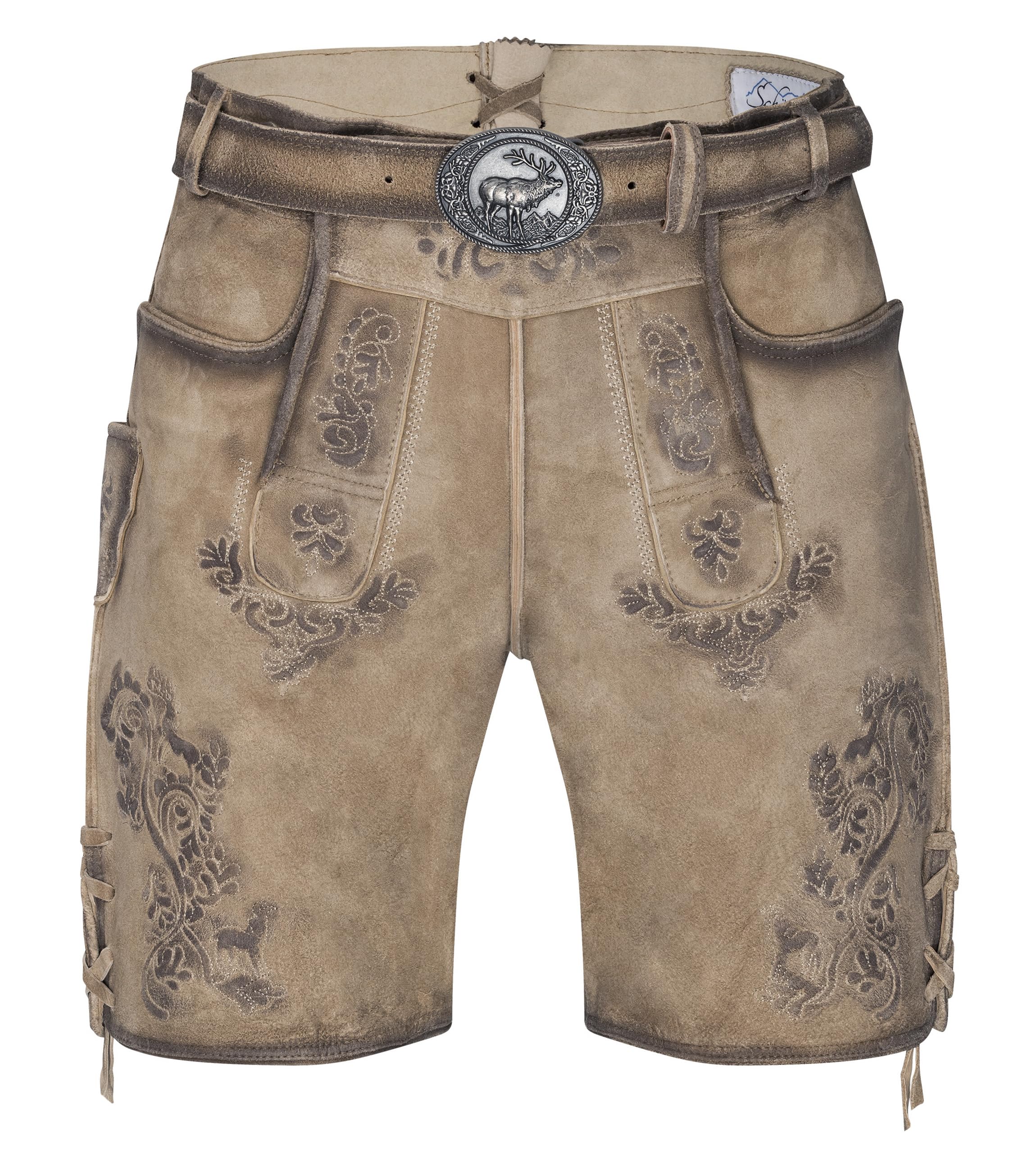Schöneberger Trachten Couture Herren Lederhose kurz mit Trachtengürtel -Traditionelle Trachtenhose für Oktoberfest aus Original Nubukleder
