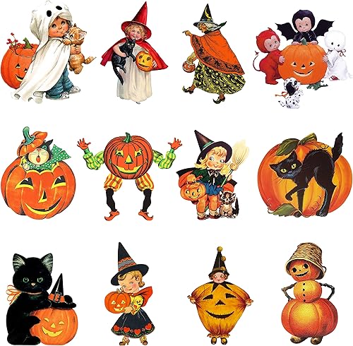 K1tpde 12 piezas de decoración vintage de Halloween para el hogar, decoración de bruja de calabaza, recortes de cartulina retro de Halloween,